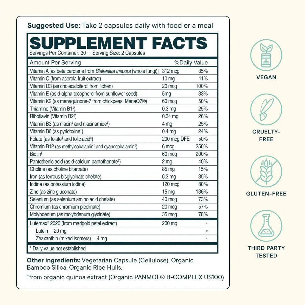 Ora Organic Plant Based Multivitamin for Women and Men, Bluelight Protection - Brain, Eye, Energy, Immune, Skin, Hair, Heart Ora Organic Au supplements