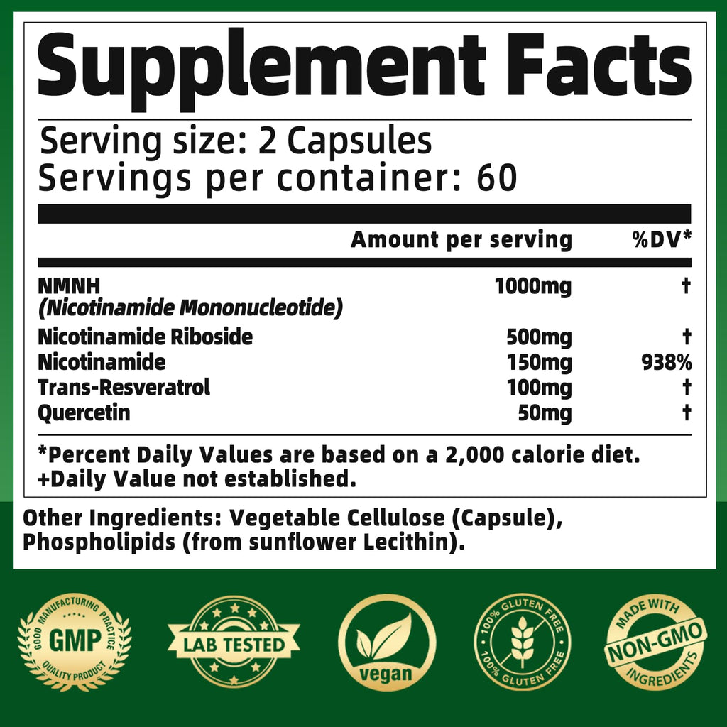 NMNH Supplement 1000mg - Nicotinamide Mononucleotide Alternative, Boost NAD+ with Liposomal Resveratrol & Nicotinamide Riboside NR, for Healthy Cellular, Aging, Energy, 120 Vegan Non-GMO Capsules Qmiozzy Au supplements