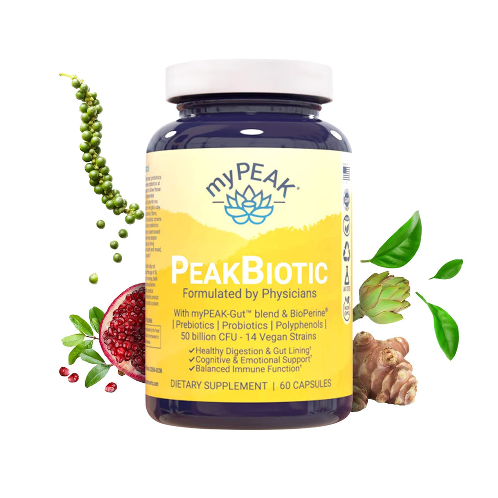 myPEAK PeakBiotic: The Ultimate Vegan Synbiotic with 50 Billion CFU Probiotics Prebiotics Postbiotics Modbiotics and Gut Lining to Enhance Digestion, Skin, and Mood with 2-Month Supply, 60 Capsules myPEAK Au supplements