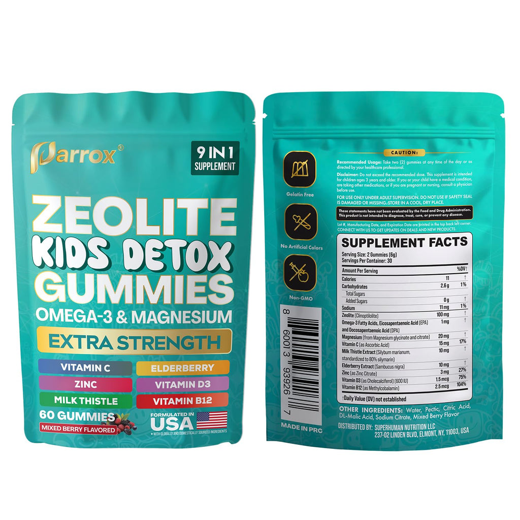 Parrox Zeolite Kids Gummies, 9-in-1 with Zeolite, Omega-3, Magnesium, Elderberry, Vitamin C, Milk Thistle, Vitamin D3, Zinc, B12 – Sugar-Free