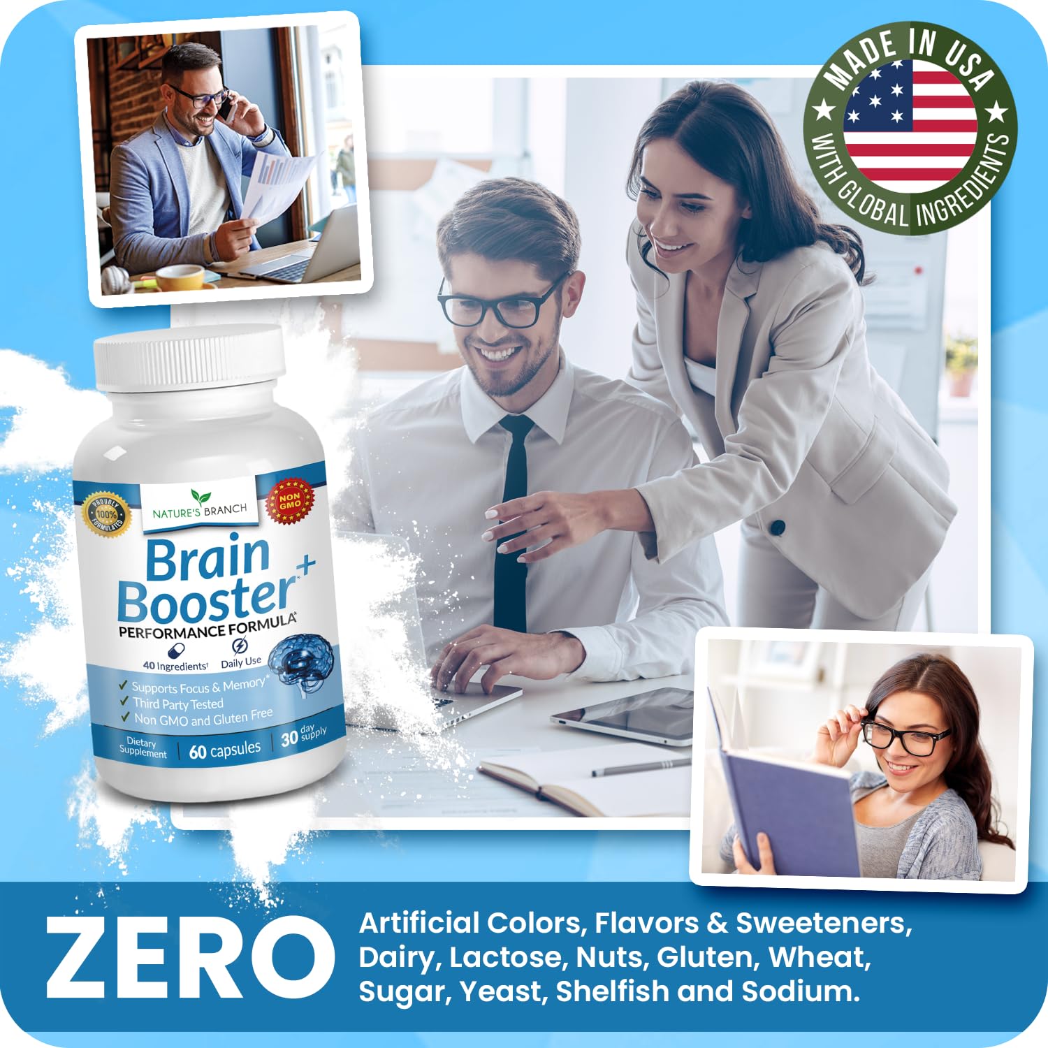 40-in-1 Brain Booster Supplement for Focus, Memory, Clarity, Energy | Advanced Vitamins Plus eBook | for Men & Women, Cognitive Function Nootropic Support with DMAE, Mind Health Formula | 60 Capsules NATURE'S BRANCH Au supplements