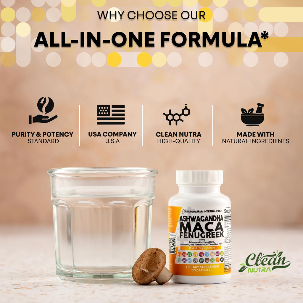 Clean Nutraceuticals Ashwagandha Maca Root Fenugreek Supplement with Tongkat Ali Ginseng - Assists with Stress, Mood & Thyroid - Ashwagandha Capsules Fenugreek Caps - 1 Pack Clean Nutraceuticals Au supplements