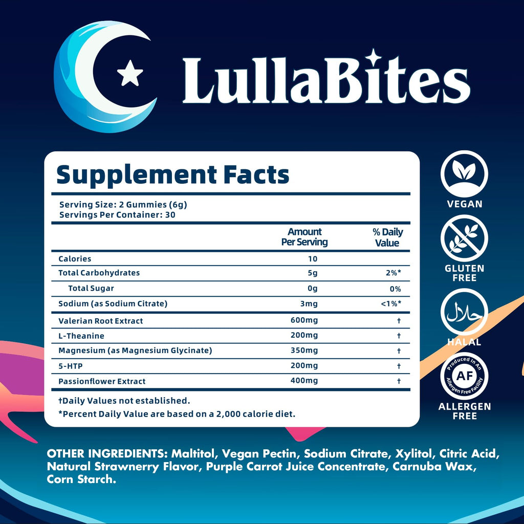 LullaBites - Natural Sleep Gummies - Made in USA - With 5-HTP, L-Theanine, Magnesium & Valerian Root - Melatonin Free - Vegan - Halal - Sugar, Gluten Free - Sweet Strawberry