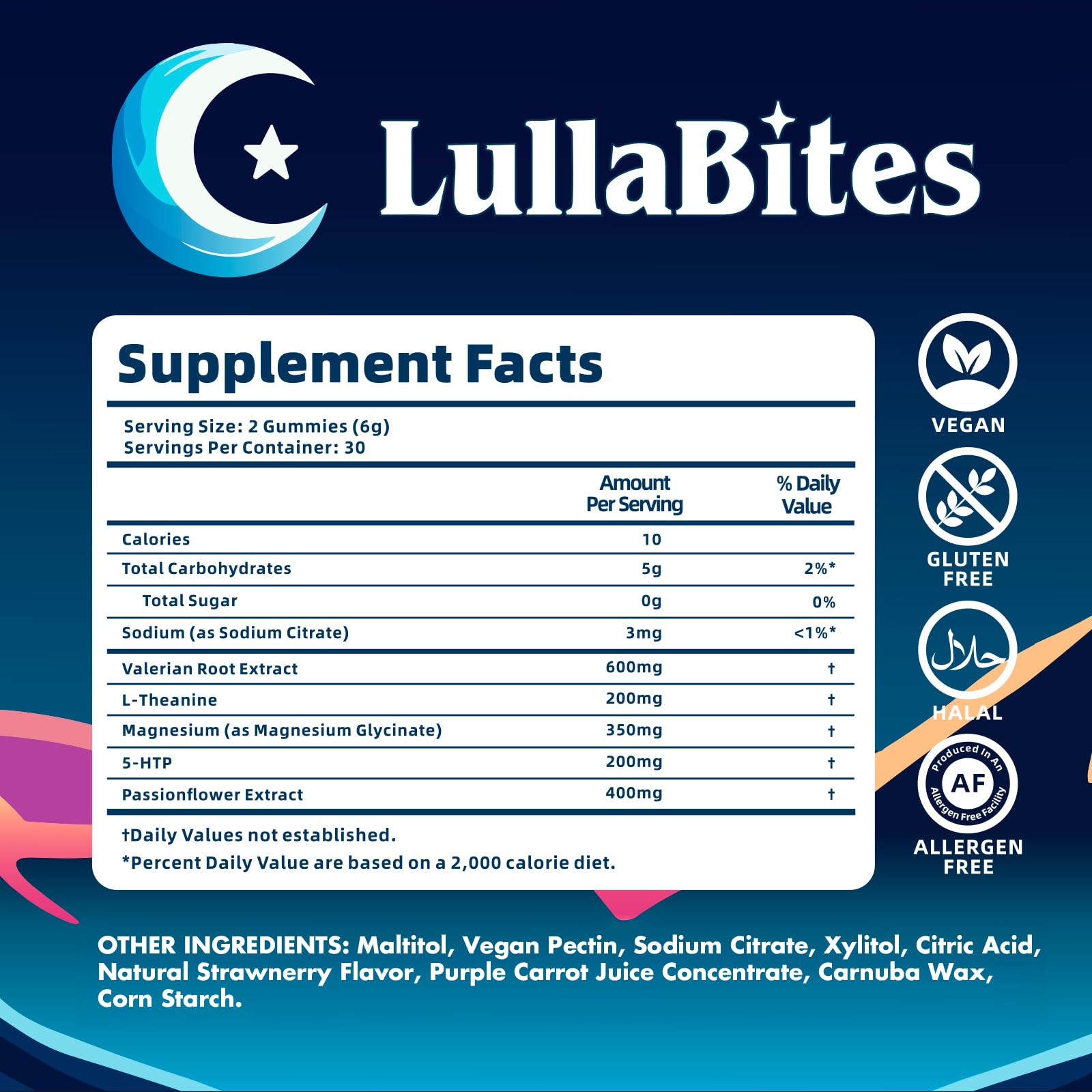 LullaBites - Natural Sleep Gummies - Made in USA - With 5-HTP, L-Theanine, Magnesium & Valerian Root - Melatonin Free - Vegan - Halal - Sugar, Gluten Free - Sweet Strawberry