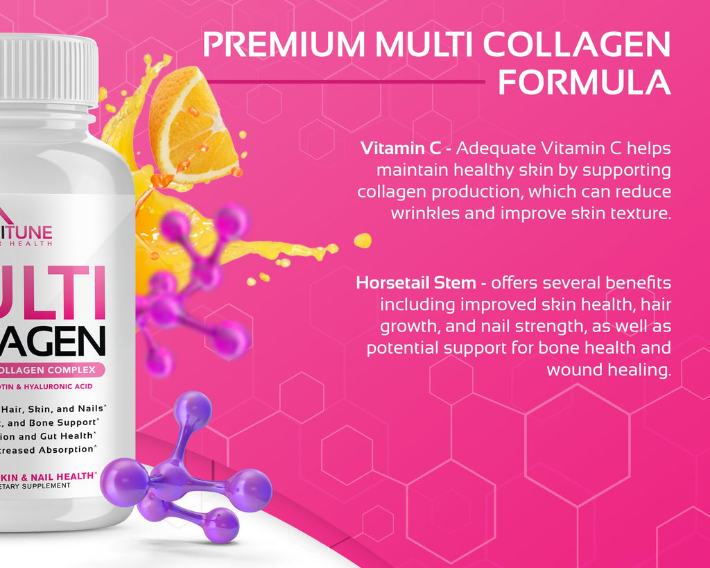 CogniTune Multi Collagen Peptides for Women with Biotin, Hyaluronic Acid, Vitamin C - 5 Types I II III V X Colageno Hidrolizado - 2000mg Hair Skin Nails Joints Support - 120 Capsules CogniTune Au supplements