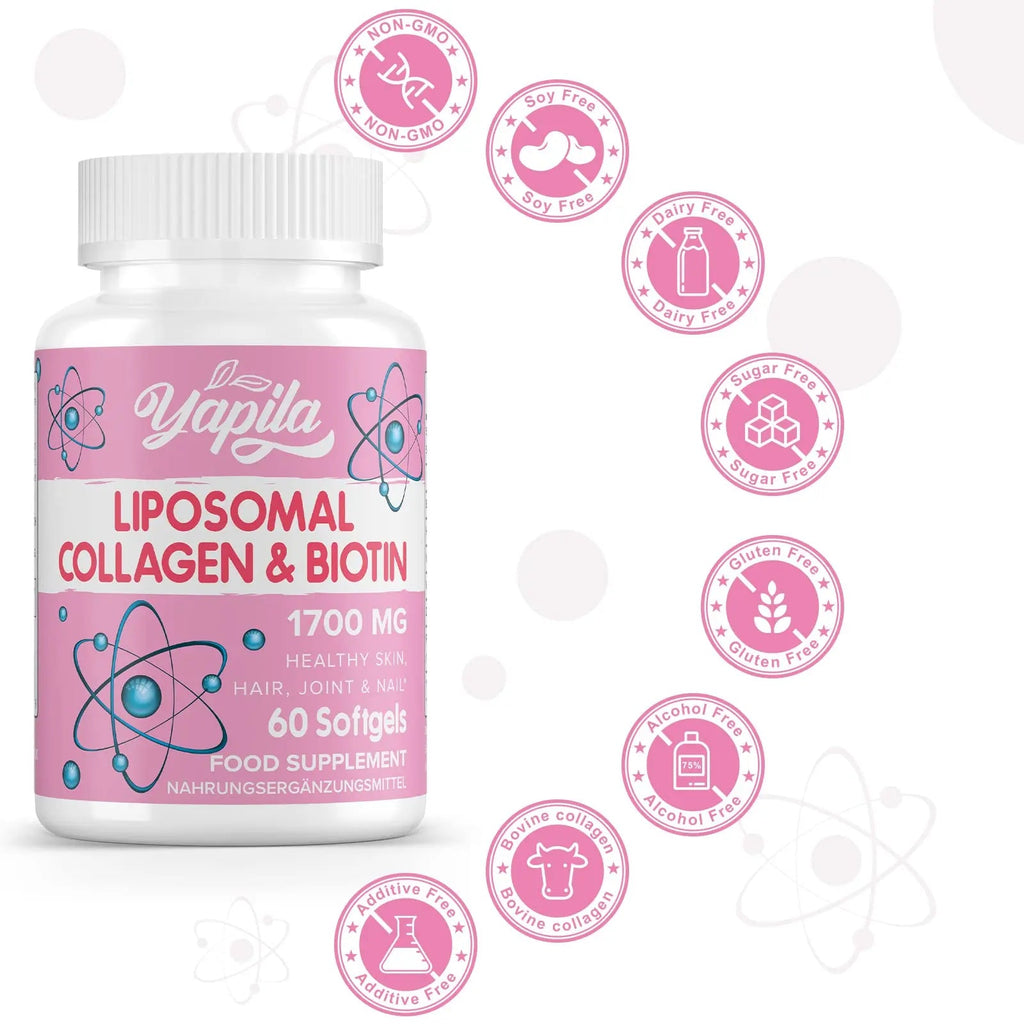 Liposomal Collagen Biotin Capsules, Hydrolyzed Bovine Collagen Peptides 1700 mg, Types 1 & 3 Protein Yapila Au supplements