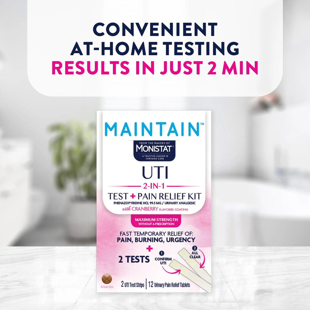 Monistat Maintain UTI 2-in-1 Test & Pain Relief Kit, 2 Test Strips & 12 Urinary Pain Relief Tablets, 2 Minute Results and Maximum Strength Pain, Burning and Urgency Relief Monistat Au supplements