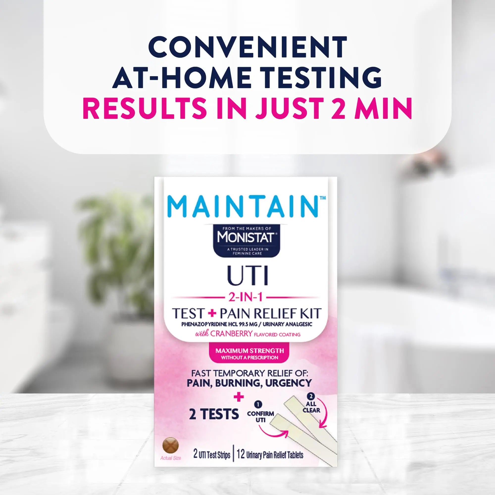 Monistat Maintain UTI 2-in-1 Test & Pain Relief Kit, 2 Test Strips & 12 Urinary Pain Relief Tablets, 2 Minute Results and Maximum Strength Pain, Burning and Urgency Relief Monistat Au supplements