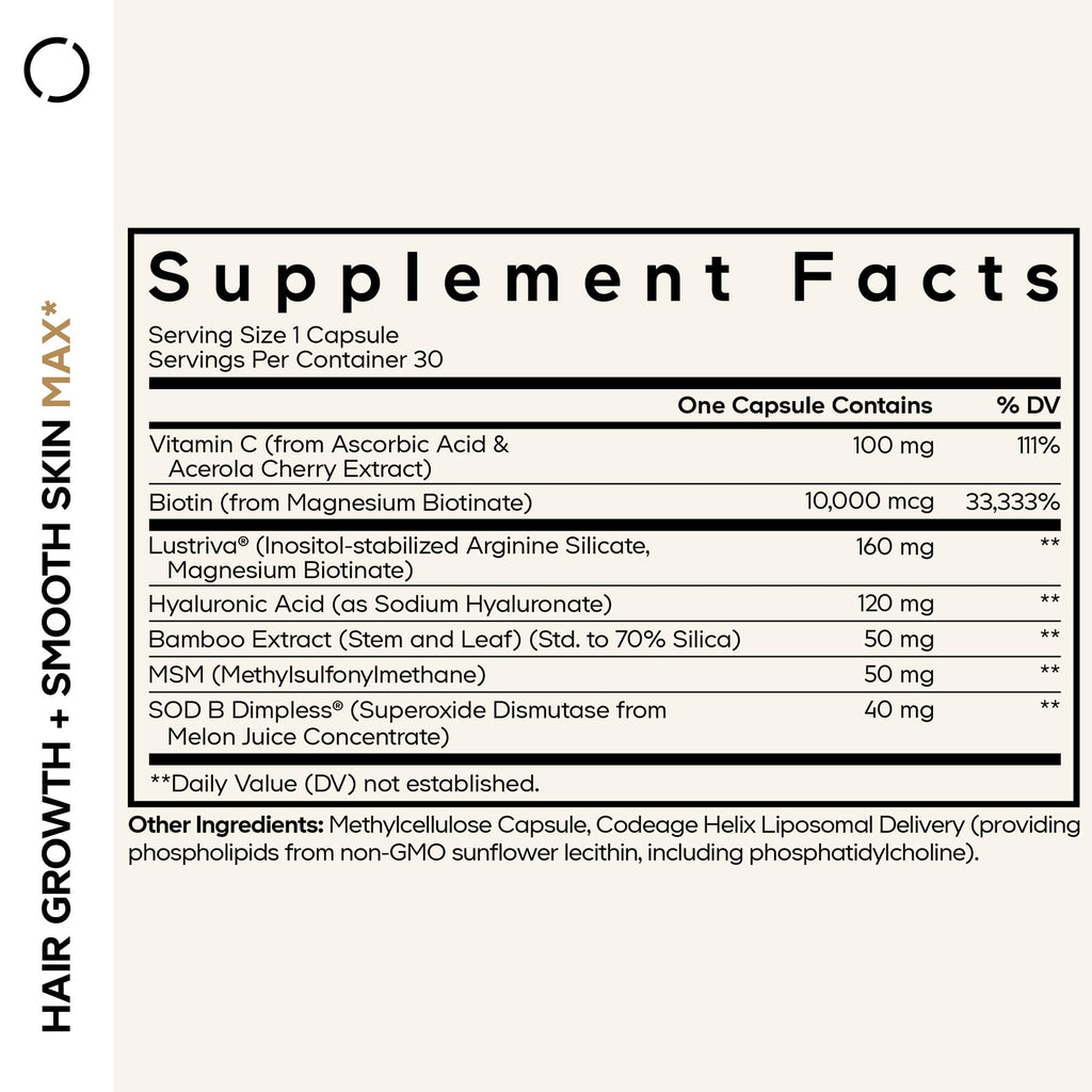 Codeage Hair Growth + Smooth Skin Max Vitamins Supplement - Patented Lustriva & SOD B Dimpless Superoxide Dismutase - Hair Growth Health Skin Cellulite Support - Biotin, Vitamin C, MSM - 30 Capsules Codeage Au supplements