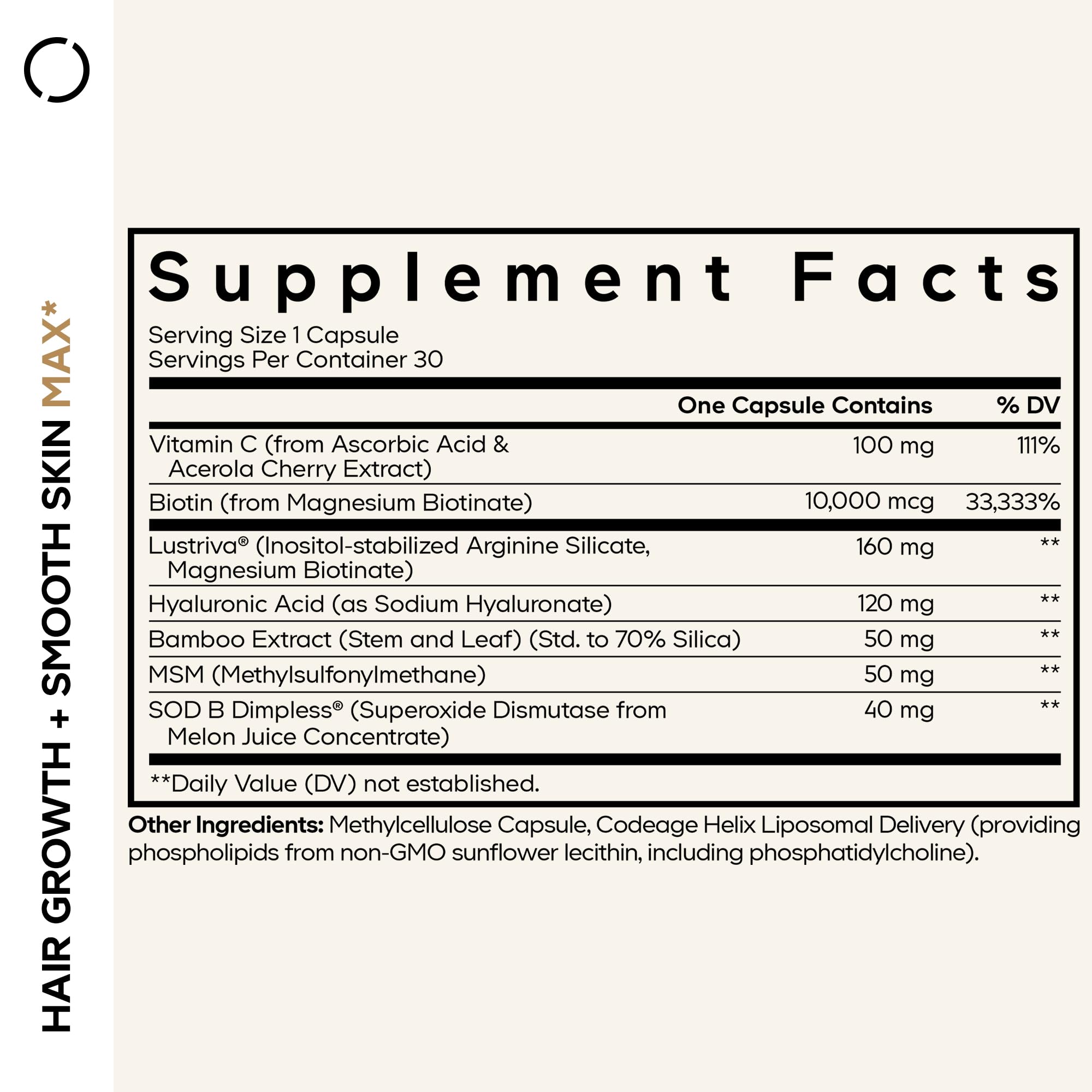 Codeage Hair Growth + Smooth Skin Max Vitamins Supplement - Patented Lustriva & SOD B Dimpless Superoxide Dismutase - Hair Growth Health Skin Cellulite Support - Biotin, Vitamin C, MSM - 30 Capsules Codeage Au supplements