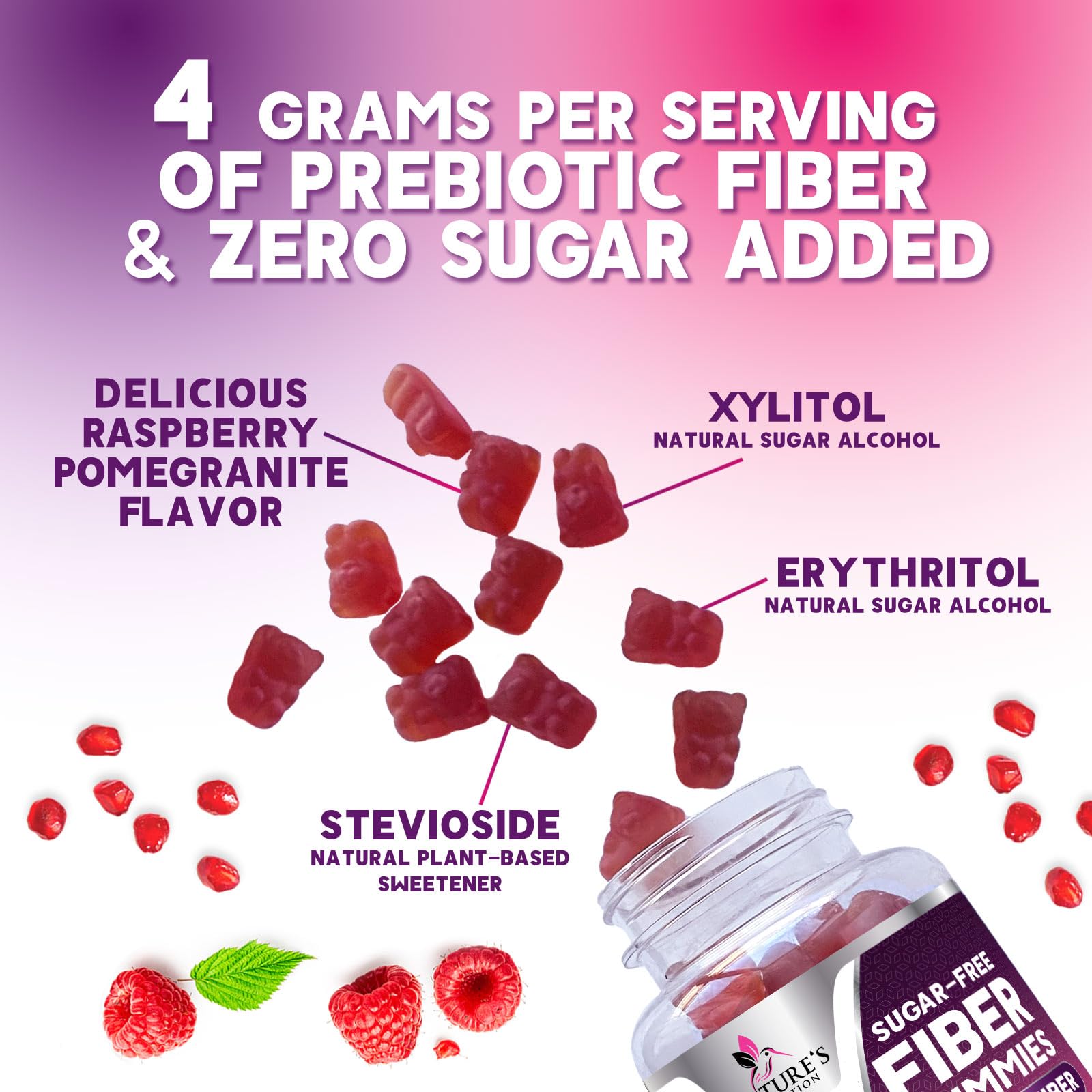 Fiber Gummies – Sugar Free Prebiotic Plant-Based Fiber 4g per Serving Supplement - Improved Soluble Formula Supports Digestive Health & Regularity - Non-GMO,