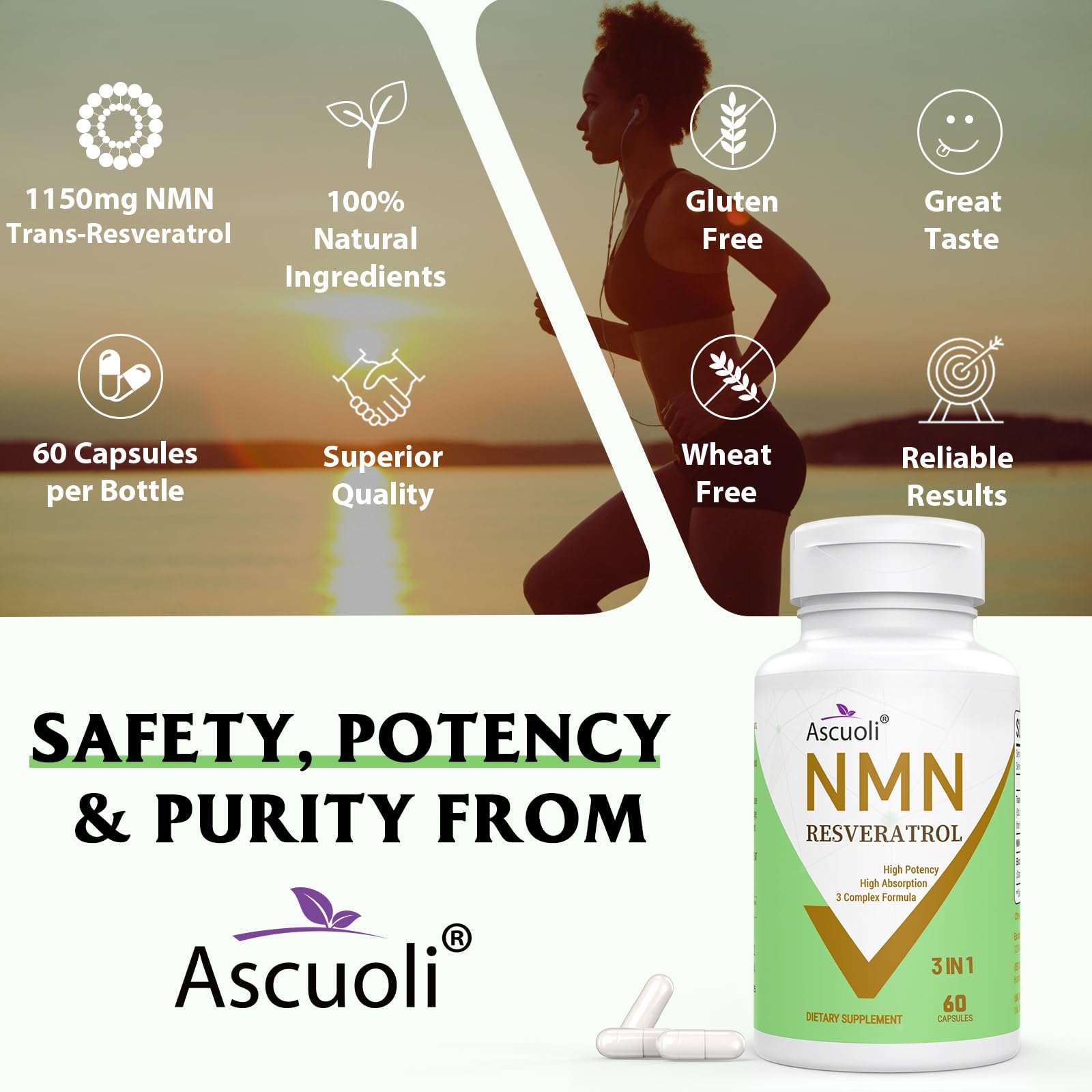 99% Ultra Purity NMN 500mg + Trans-Resveratrol 600mg, 1150mg NMN Resveratrol Supplement, 3-in-1 Advanced Formula for Boost* NAD, Cell, Immune, Energy & Muscle, Healthy Aging, Stabilized Form - 60 Caps Ascuoli Au supplements