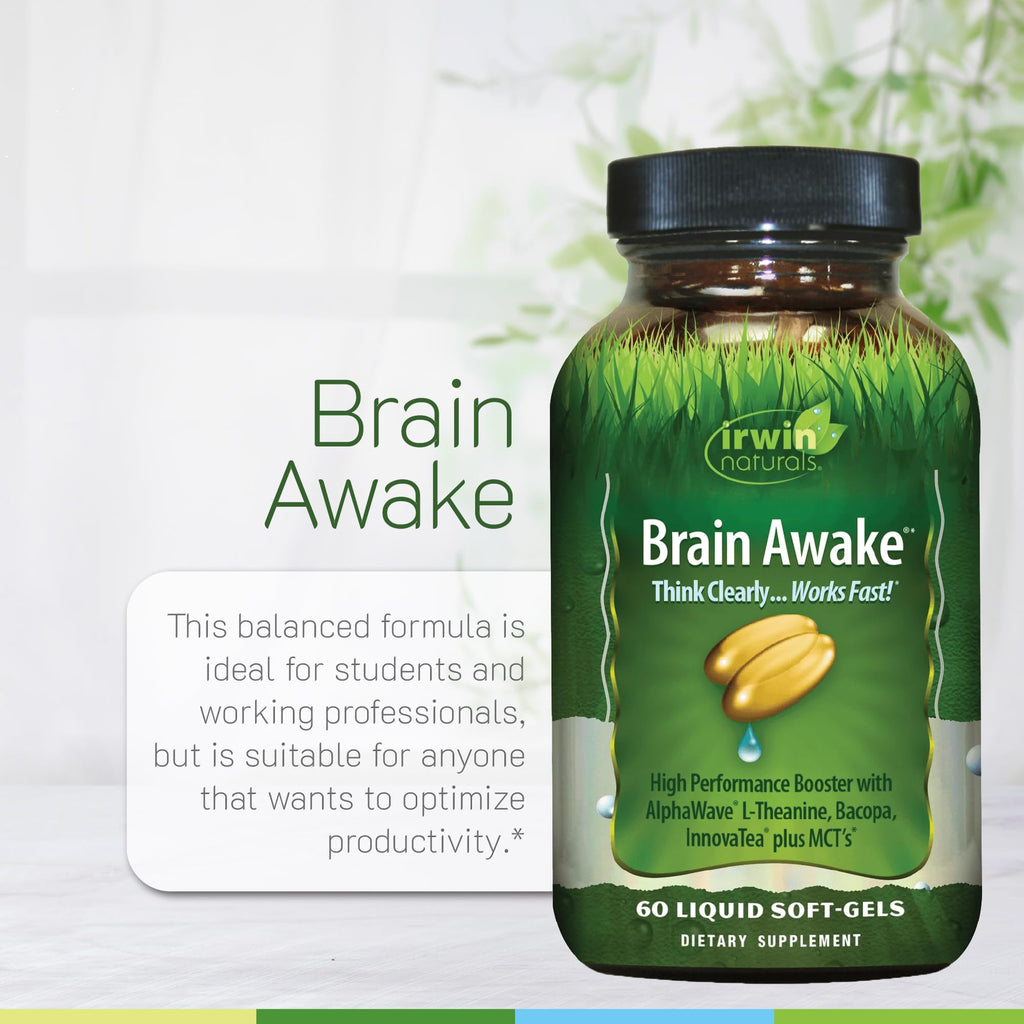 Irwin Naturals Brain Awake Enhanced Mental Performance, Increased Focus, Boost Clarity & Concentration - Powerful Nootropic Booster with L-Theanine, Bacopa, MCT's & InnovaTea - 60 Liquid Softgels Irwin Naturals Au supplements