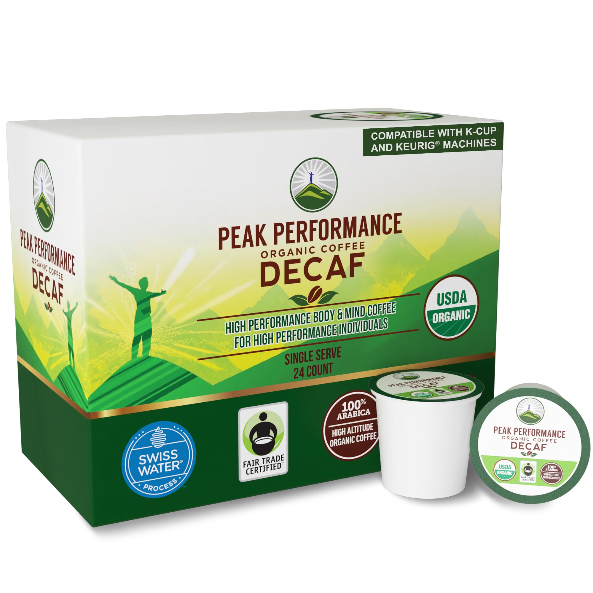 USDA Organic Decaf Coffee Pods - Compatible with K-Cup and Keurig Machines - High Altitude Decaf Coffee - Fair Trade Beans Medium Roast Single Serve Decaffeinated 24 Count Recyclable Cups Peak Performance Au supplements