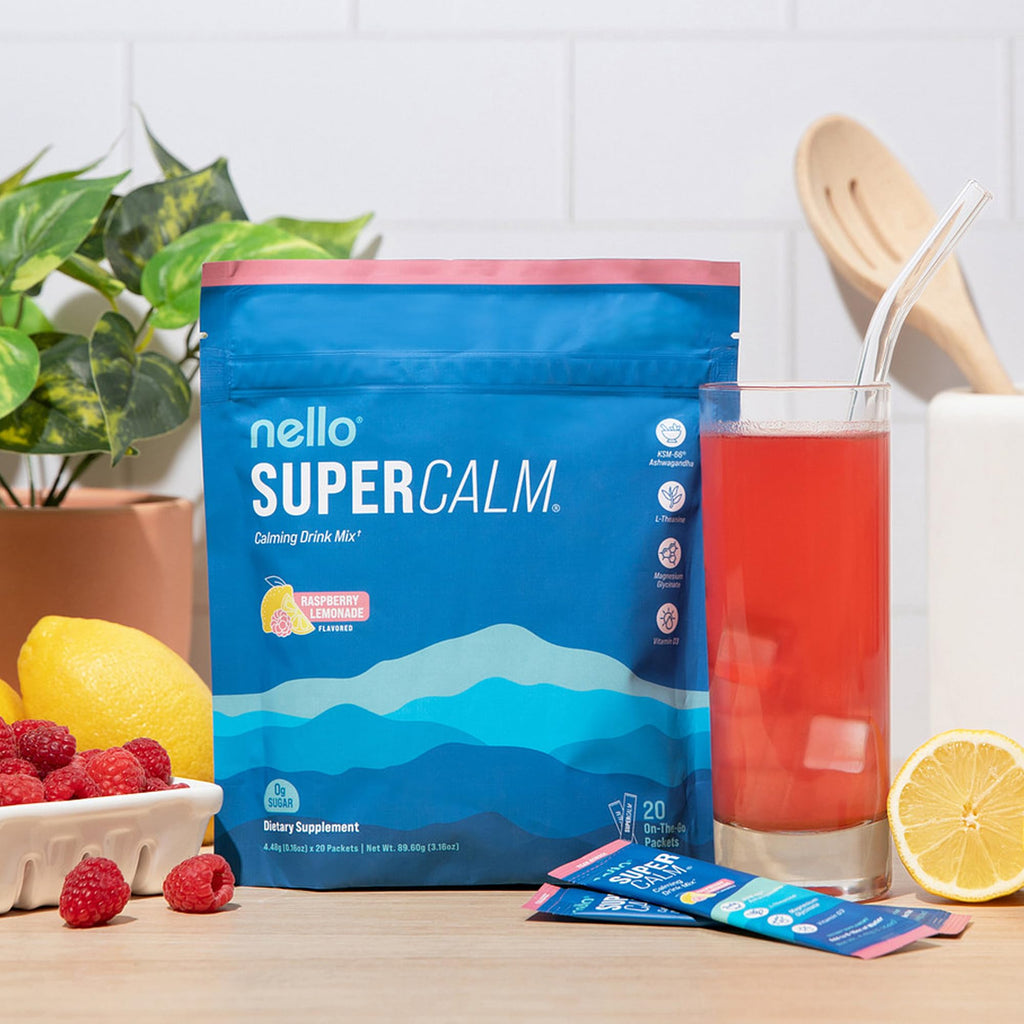 Nello Supercalm Powdered Drink Mix, Cortisol Reducer and Sleep Aid Supplement, L Theanine, Ksm-66 Ashwagandha, Magnesium Glycinate, Vitamin D 3, No Sugar, Non GMO