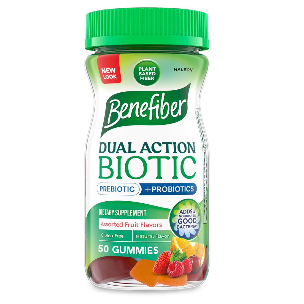 Benefiber Prebiotic  Friendly Fiber Supplement Gummies with Probiotics for Digestive Health, Assorted Fruit Flavors - 50 Count