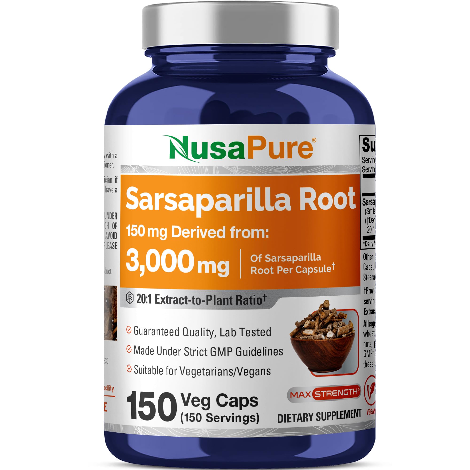 NusaPure Sarsaparilla Root 20:1 Extract - Suitable for Vegetarian/Vegan, Non - GMO - 3000 mg - 150 Capsules NusaPure Au supplements