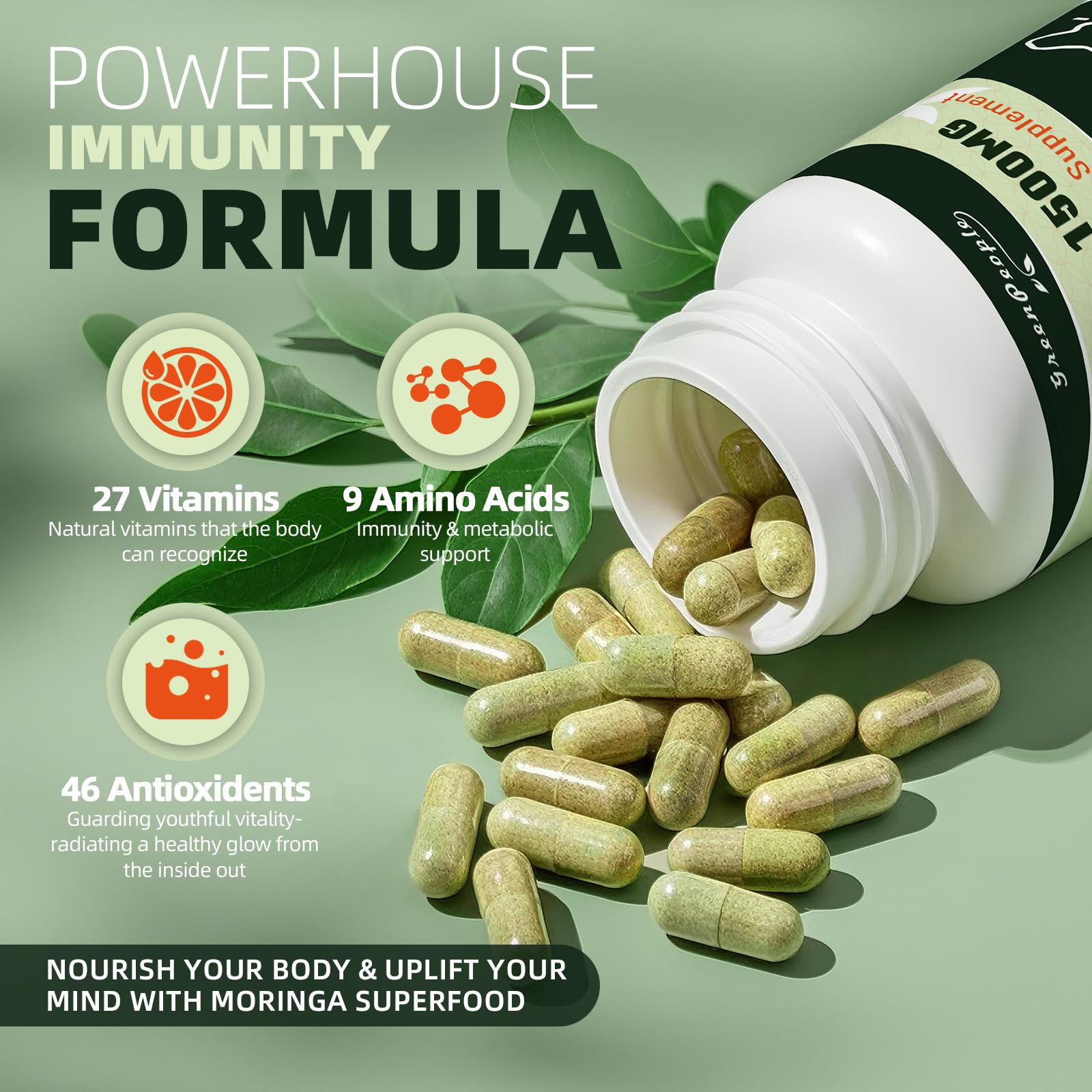 GREENPEOPLE Whole-Leaf Moringa Capsules 1500mg - High Potency 10:1 Moringa Oleifera Leaf Extract - Natural Green Superfood for Energy & Immune Support