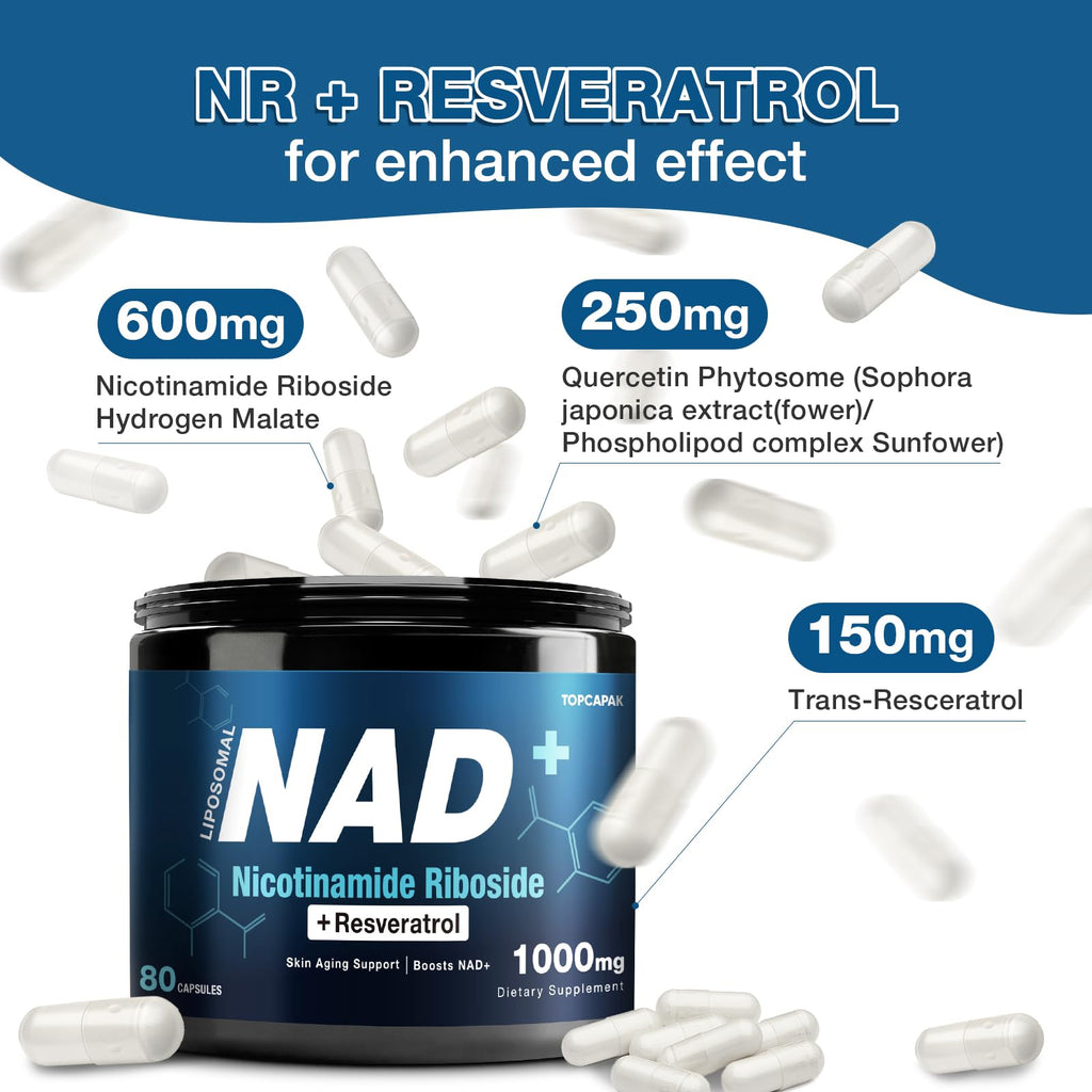 NAD+ Supplement 1000mg - Nicotinamide Riboside (NR) and Resveratrol, Liposomal NAD of Pure Organic Ingredients for Women & Men Healthy Aging, Brain and Cellular Energy, 80 Capsules TOPCAPAK Au supplements