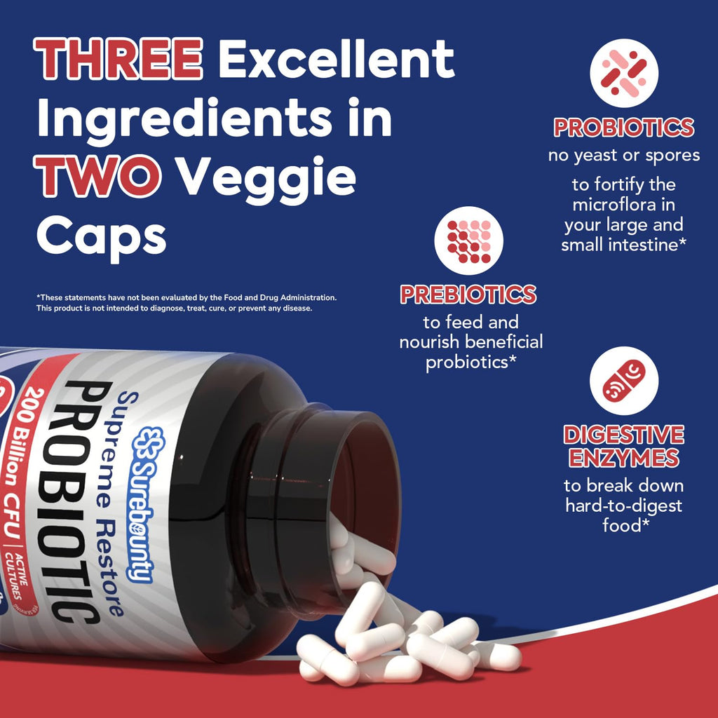 Surebounty Probiotic for Men & Women, 200 Billion CFU 35 Strains, Prebiotics + Digestive Enzymes, Supreme Restore Probiotic Supplement,