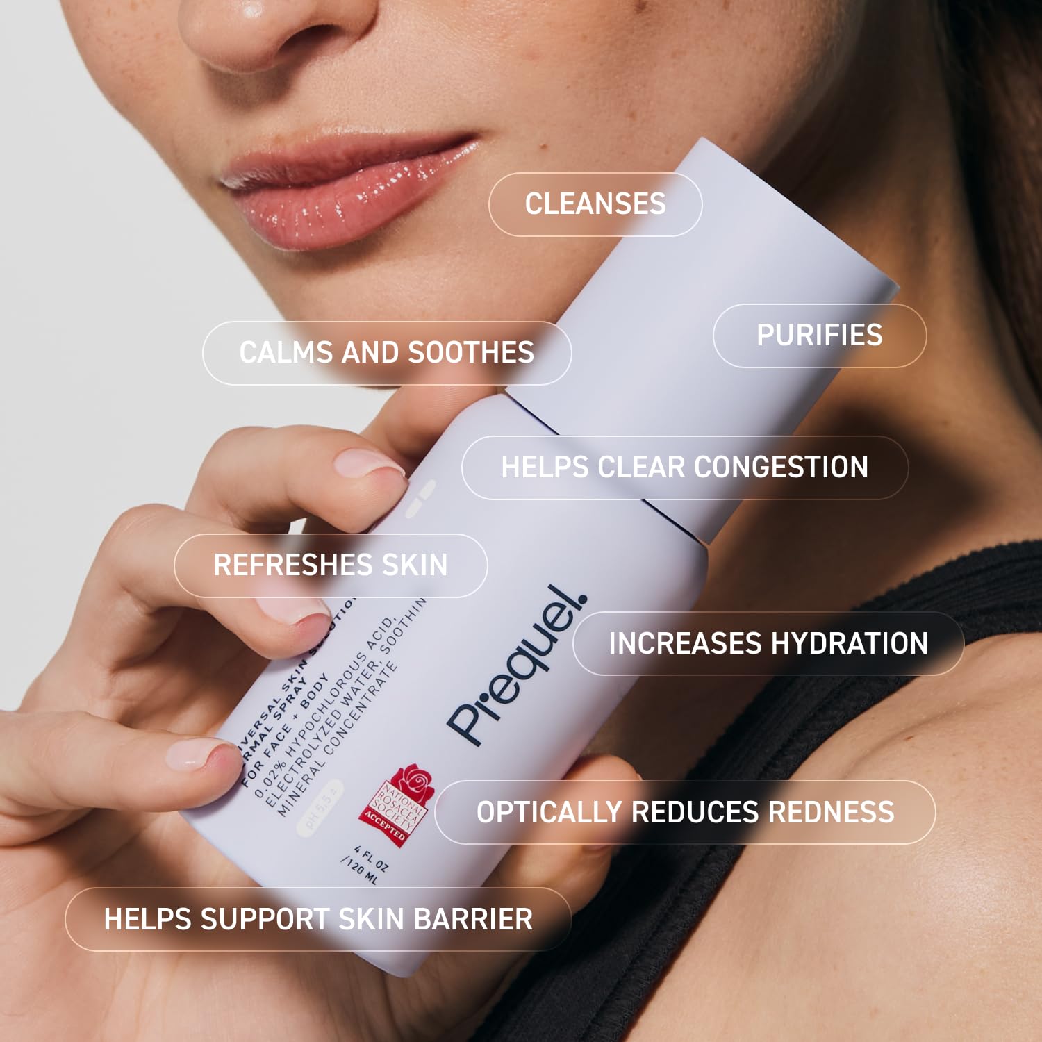 Prequel Skin Universal Skin Solution Hypochlorous Acid Spray for Face and Body. Fine Mist HOCL Facial Cleanser and Dermal
