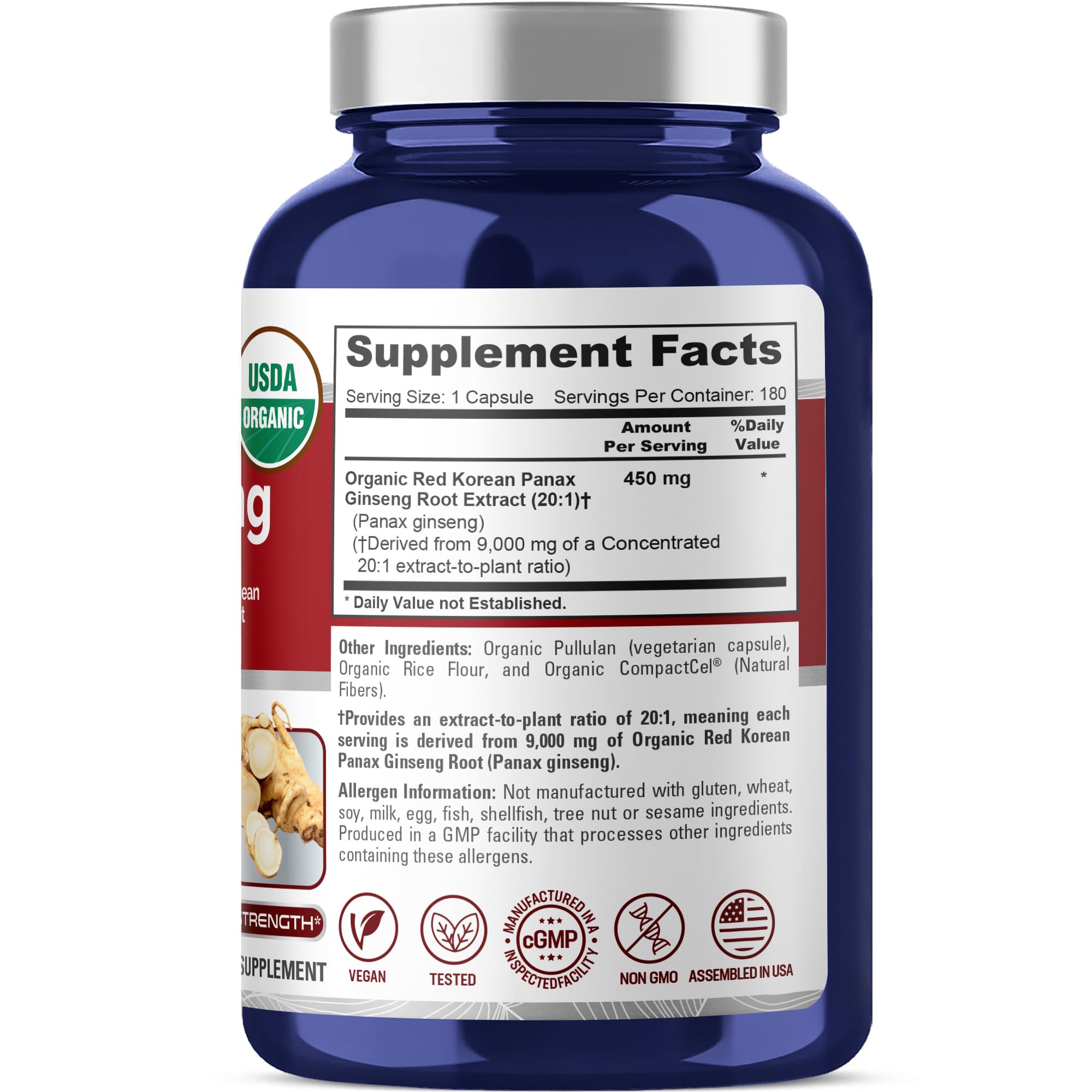 NusaPure Red Korean Panax Ginseng 20:1 Extract, 450 mg Equivalent to 9,000 mg 180 Veggie Caps (USDA Organic, Non-GMO, Vegan, Vegetarian, Bioperine) NusaPure Au supplements