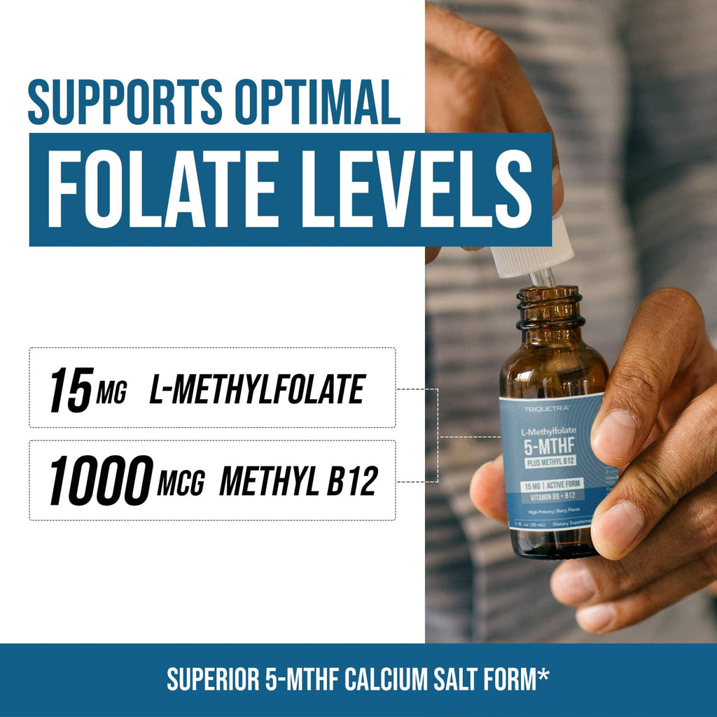 L Methyl Folate 15mg Plus Methyl B12 Cofactor – Organic Berry Flavor, High Potency Liquid Sublingual Active 5-MTHF Form - Supports Mood, Methylation