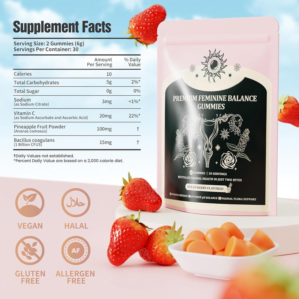 NIUSISE Feminine Balance Gummies, Premium Balance Supplement for Women PH Health, Immune Support, Energy Support, Vegan, Gluten-Free, Strawberry Flavor,