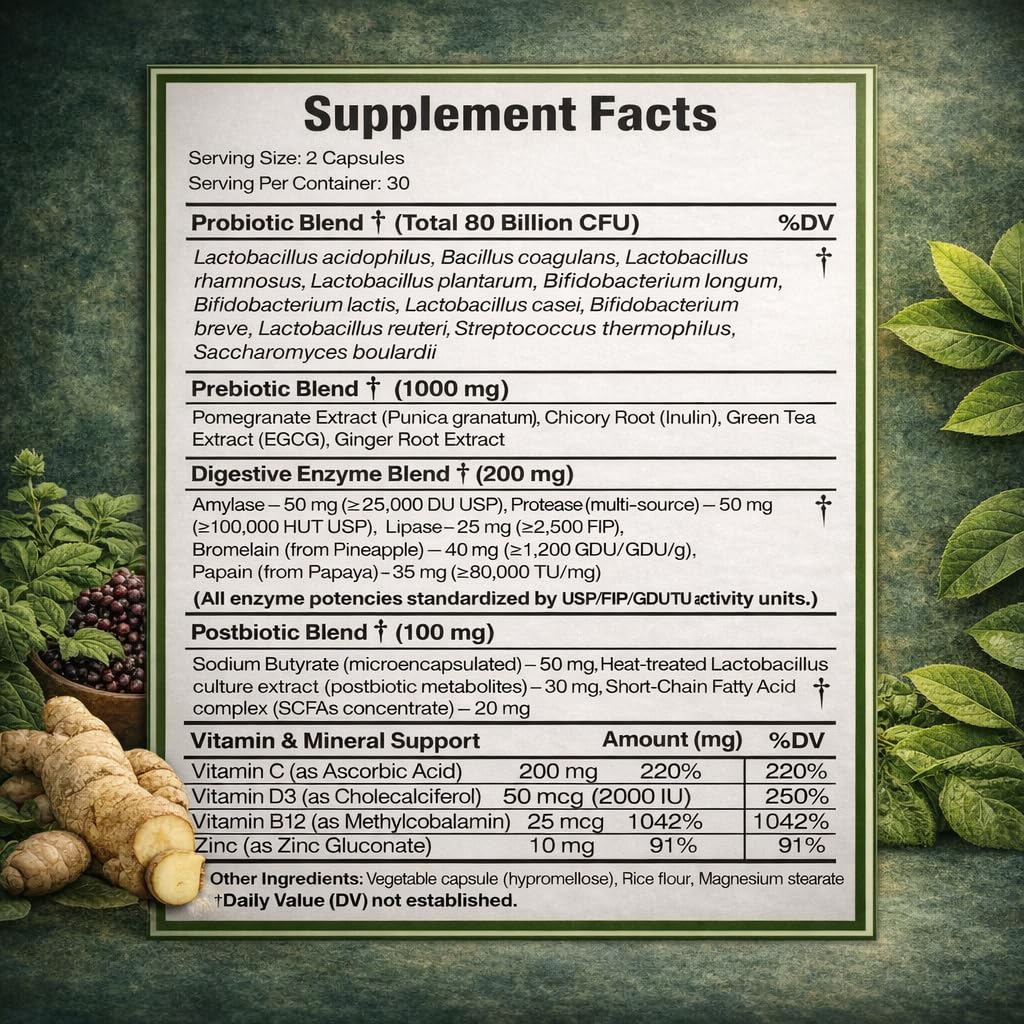 NATURAL NEED™ Gut Health – 5-in-1 Formula with Probiotics, Prebiotics, Postbiotics, Enzymes & Vitamins (C,D3,B12,Zinc) – Delayed Release Capsule – Supports Overall Digestion, Immunity & Gut – 60 Vegan NATURAL NEED Au supplements