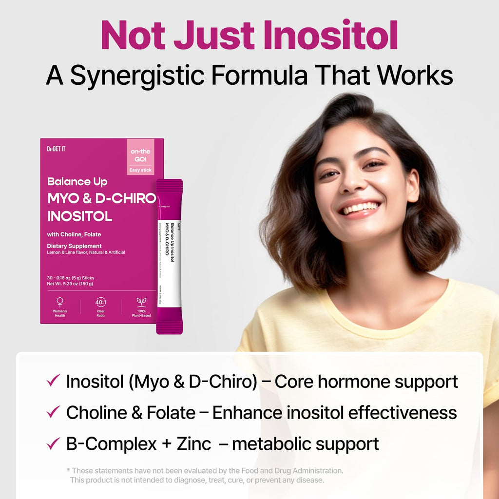Dr.GET IT Balance Up Inositol 40:1 Myo & D-Chiro with Folate & Choline – Hormone Balance & Reproductive Health Support for Women – Lemon Lime Stick Powder, 30 Servings Dr.GET IT Au supplements
