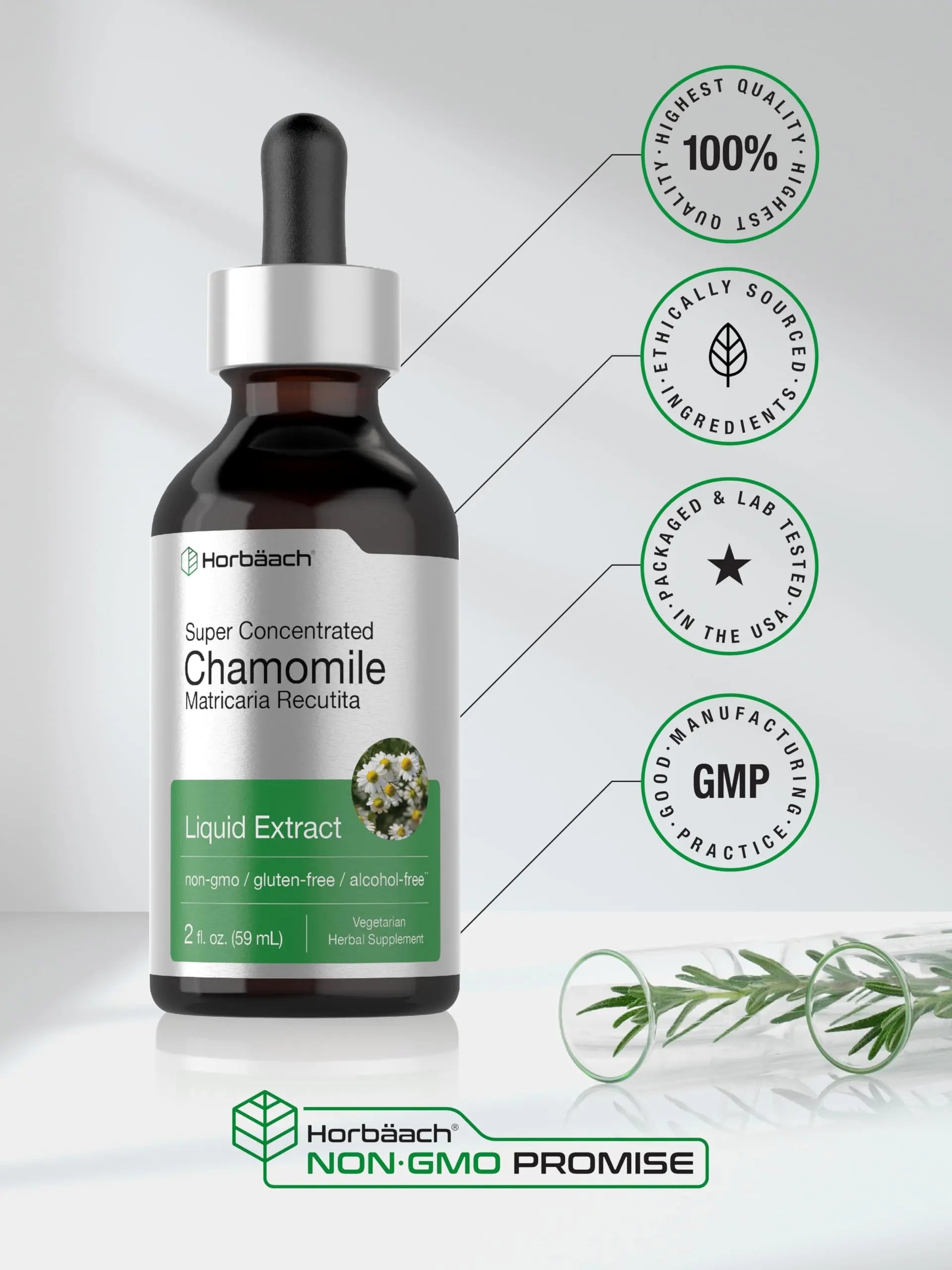 Chamomile Extract Liquid | 2 fl oz | Alcohol Free Supplement | Vegetarian, Non-GMO Horbäach Au supplements