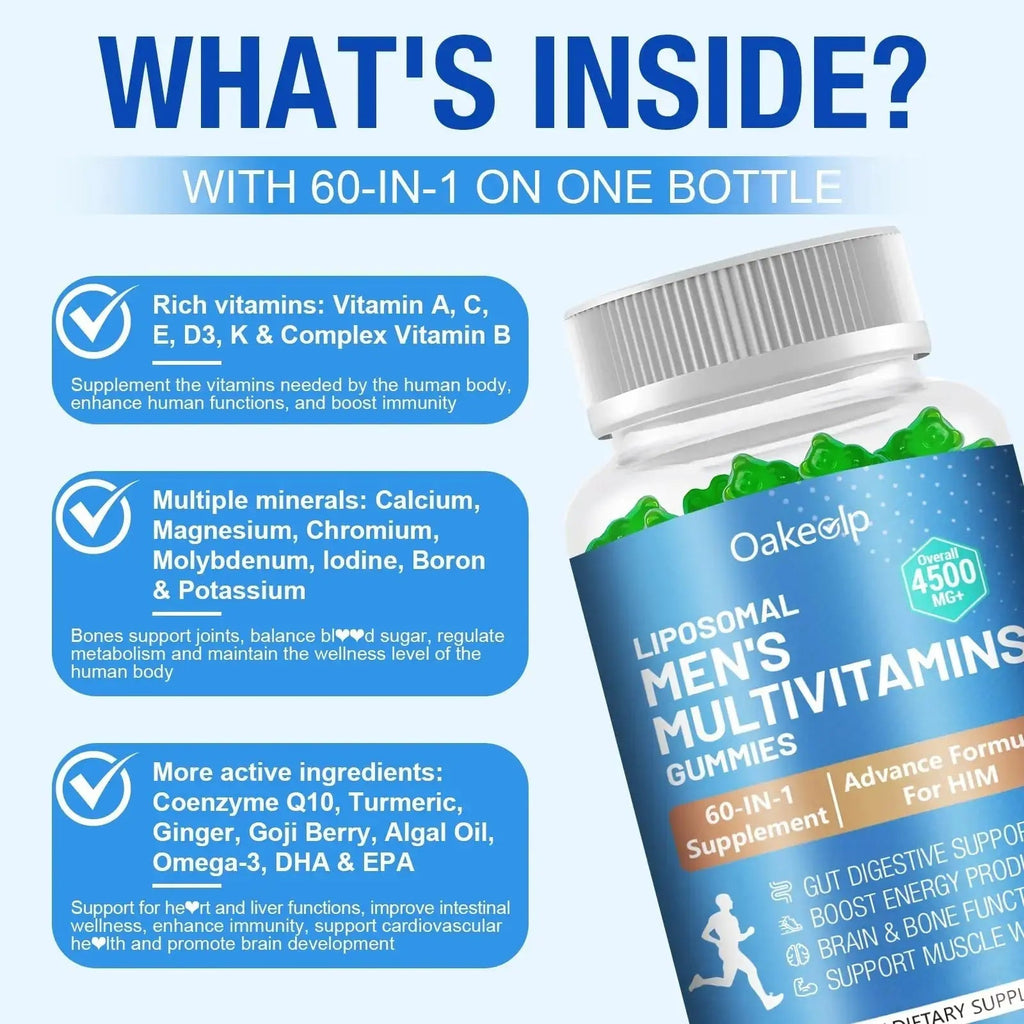 60-IN-1 Liposomal 120+ Nutrients Men's Multivitamin Gummy 4500MG+ Overall,300Billion Probiotics, Algal DHA, CoQ10, Turmeric & Herbal Blends Oakevlp Au supplements