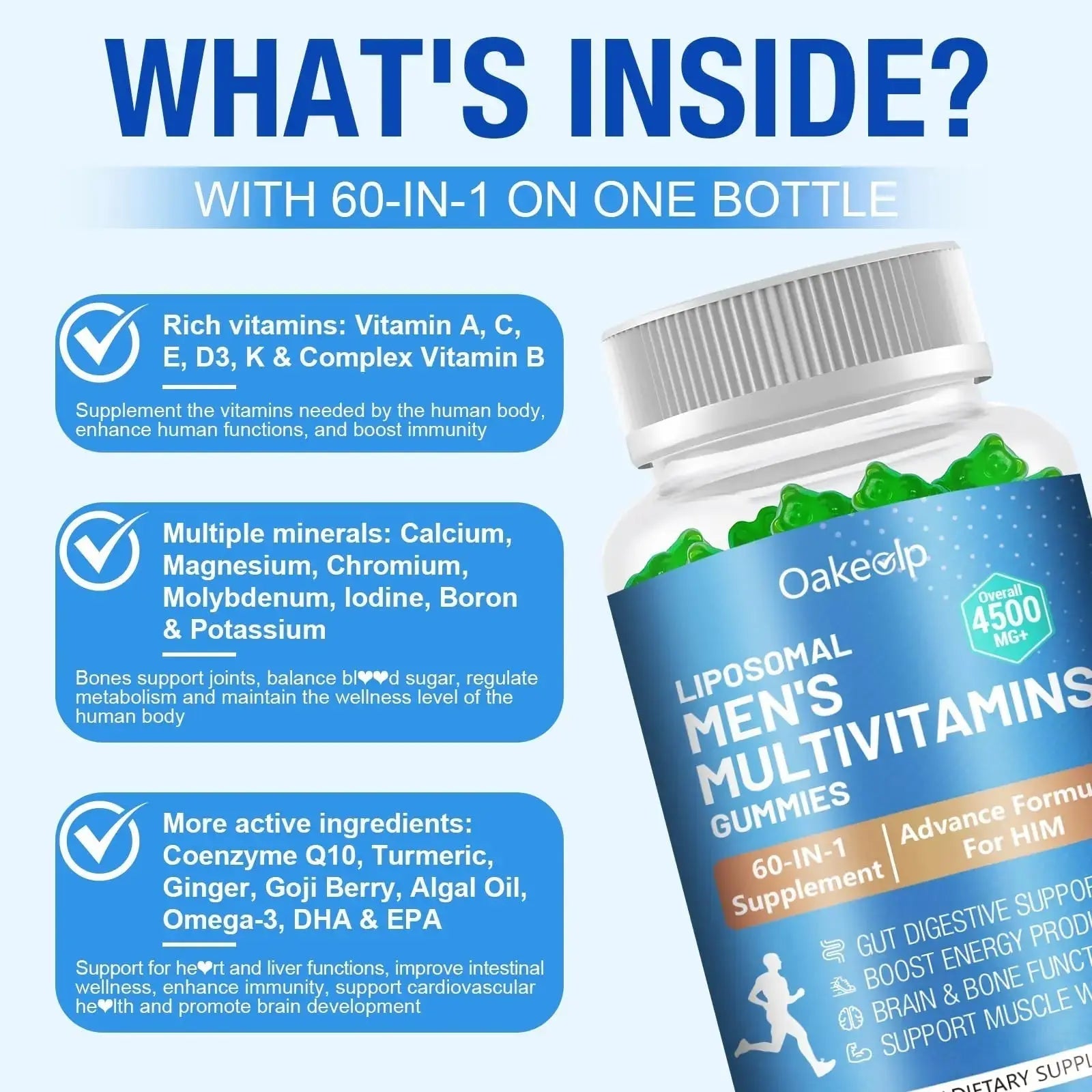 60-IN-1 Liposomal 120+ Nutrients Men's Multivitamin Gummy 4500MG+ Overall,300Billion Probiotics, Algal DHA, CoQ10, Turmeric & Herbal Blends Oakevlp Au supplements