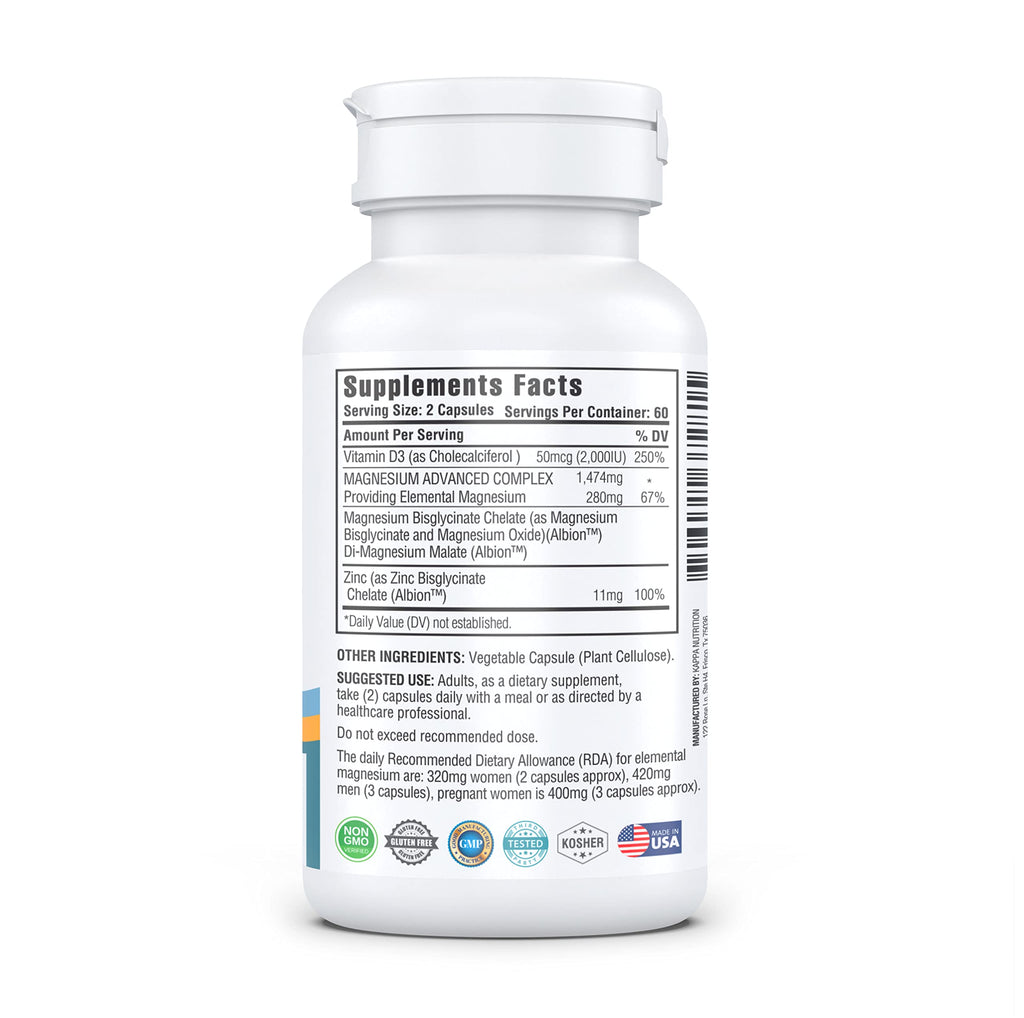Kappa Nutrition Magnesium 4-in-1, 280mg Elemental Magnesium (Bisglycinate, Malate) + Zinc & Vitamin D3, Brain, Sleep, Energy, Muscle, Immune Support, 120 Vegan Capsules. KAPPA NUTRITION Au supplements