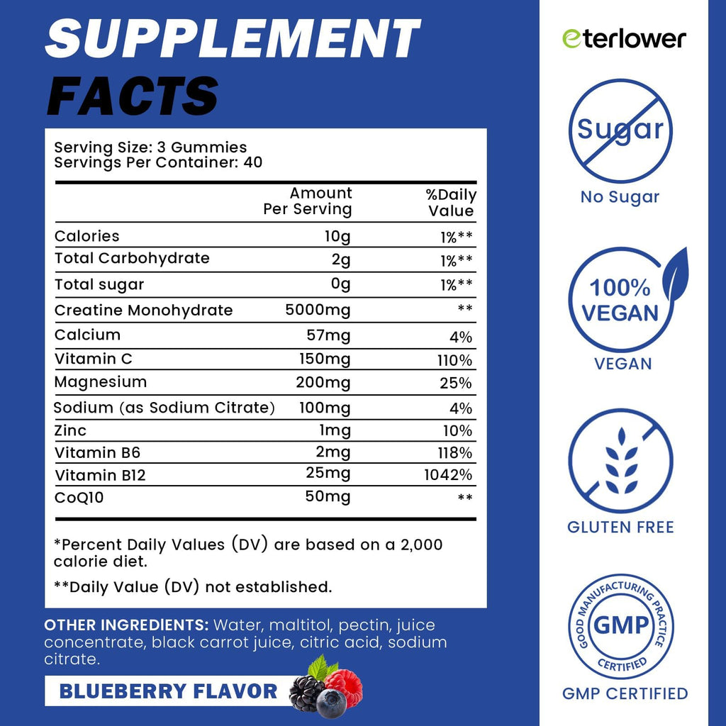 eterlower Creatine Monohydrate Gummies 5g – Pre-Workout Energy & Muscle Growth Support for Men & Women | Blueberry Electrolyte Gummies, 120 Count