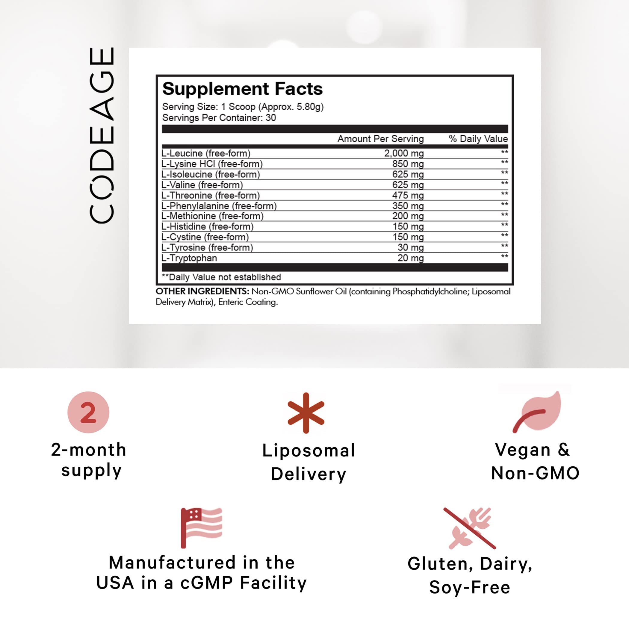 Codeage Liposomal Multi Amino Powder Supplement - BCAA & EAA Supplement All 9 Essential Amino Acids, Branched-Chain Amino Acid, Pre & Post Workout, Unflavored, Liposomal Delivery, Non-GMO, 6.15 oz Codeage Au supplements