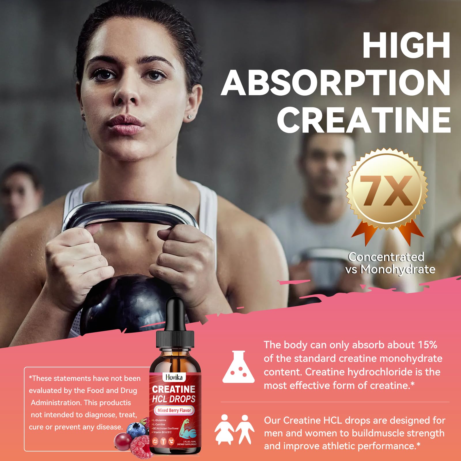 Creatine HCL Liquid Drops for Men & Women, Creatine Hydrochloride with L-Carnitine, L-Glutamine, BCAA, Vitamin B12 & B6 for Muscle Growth & Recovery-Vegan, Mixed Berry Flavor Flavor, 2 Fl Oz Hovika Au supplements