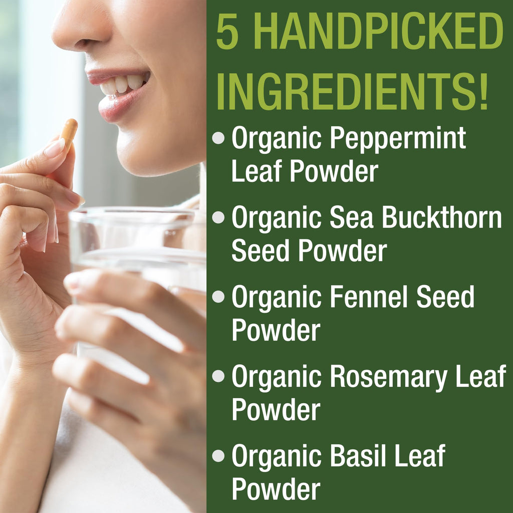 USDA Organic IBS Capsules for Relief, Ingestion, Bloating, Gas. Irritable Bowel Supplement with 5 Handpicked Organic Ingredients. Peppermint Oil, Sea Buckthorn, Fennel Seed, Rosemary Leaf, Basil Leaf Peak Performance Au supplements