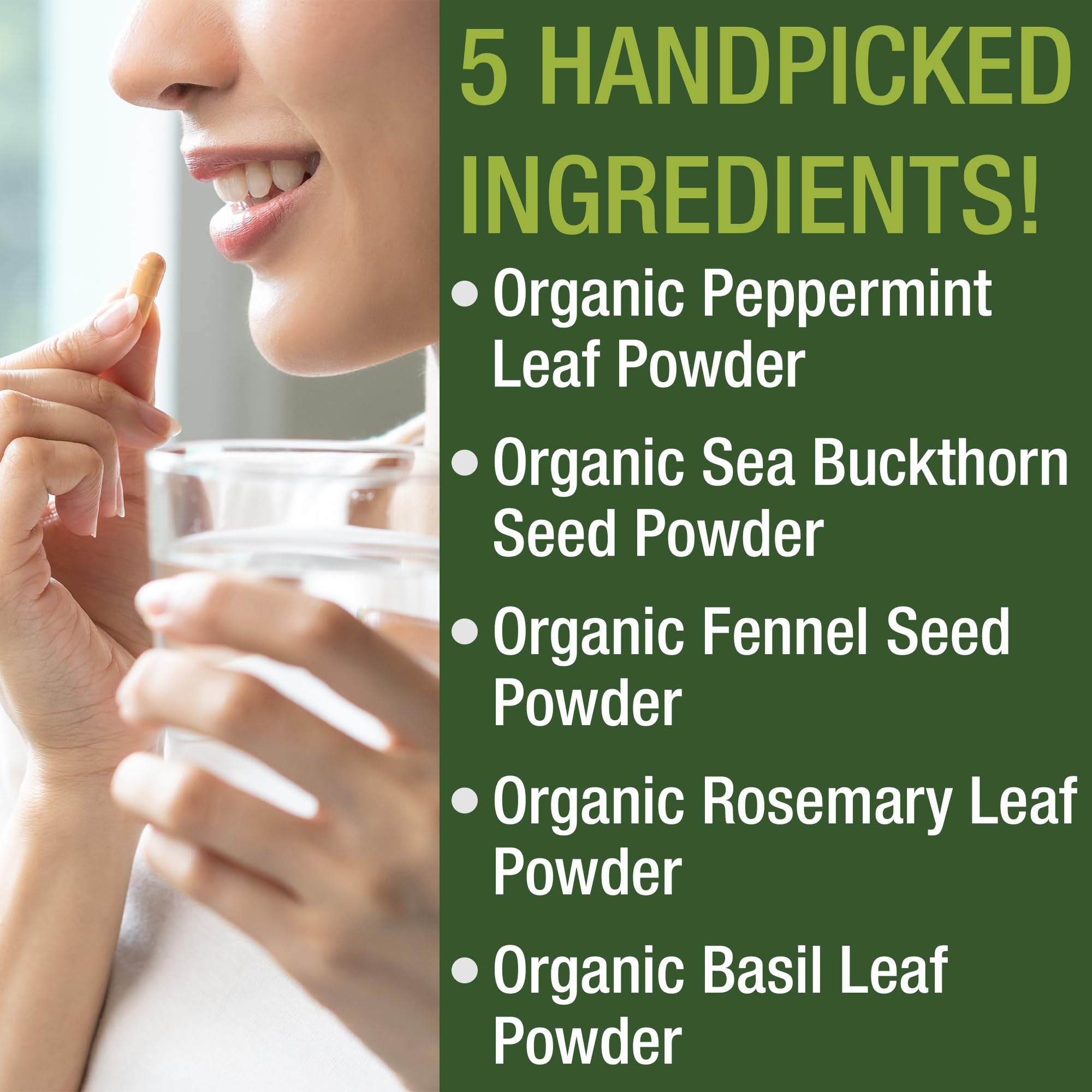 USDA Organic IBS Capsules for Relief, Ingestion, Bloating, Gas. Irritable Bowel Supplement with 5 Handpicked Organic Ingredients. Peppermint Oil, Sea Buckthorn, Fennel Seed, Rosemary Leaf, Basil Leaf Peak Performance Au supplements