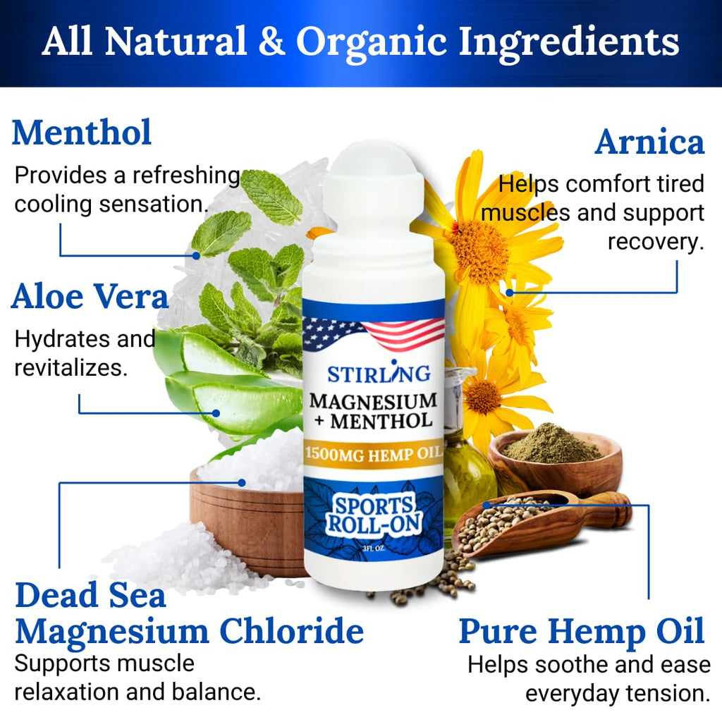 Stirling Menthol Roll On Lotion with Magnesium and 1500mg Pure Hemp - Non-GMO, THC-Free - Fast-Acting Relief for Sore Muscles and Joints, Reduces Swelling and Redness, Promotes Post-Workout Recovery STIRLING Au supplements