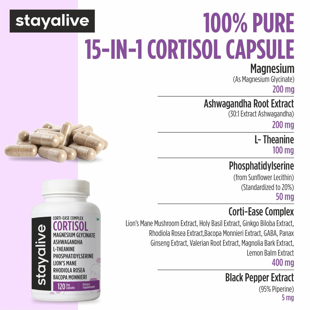 STAY ALIVE Cortisol Manager Supplement 15-in-1 Complex w/L-Theanine, Ashwagandha, Magnesium Glycinate, Phosphatidylserine and More, 120 Veg Capsules, Non-GMO & Gluten-Free Formula for Women and Men STAY ALIVE Au supplements
