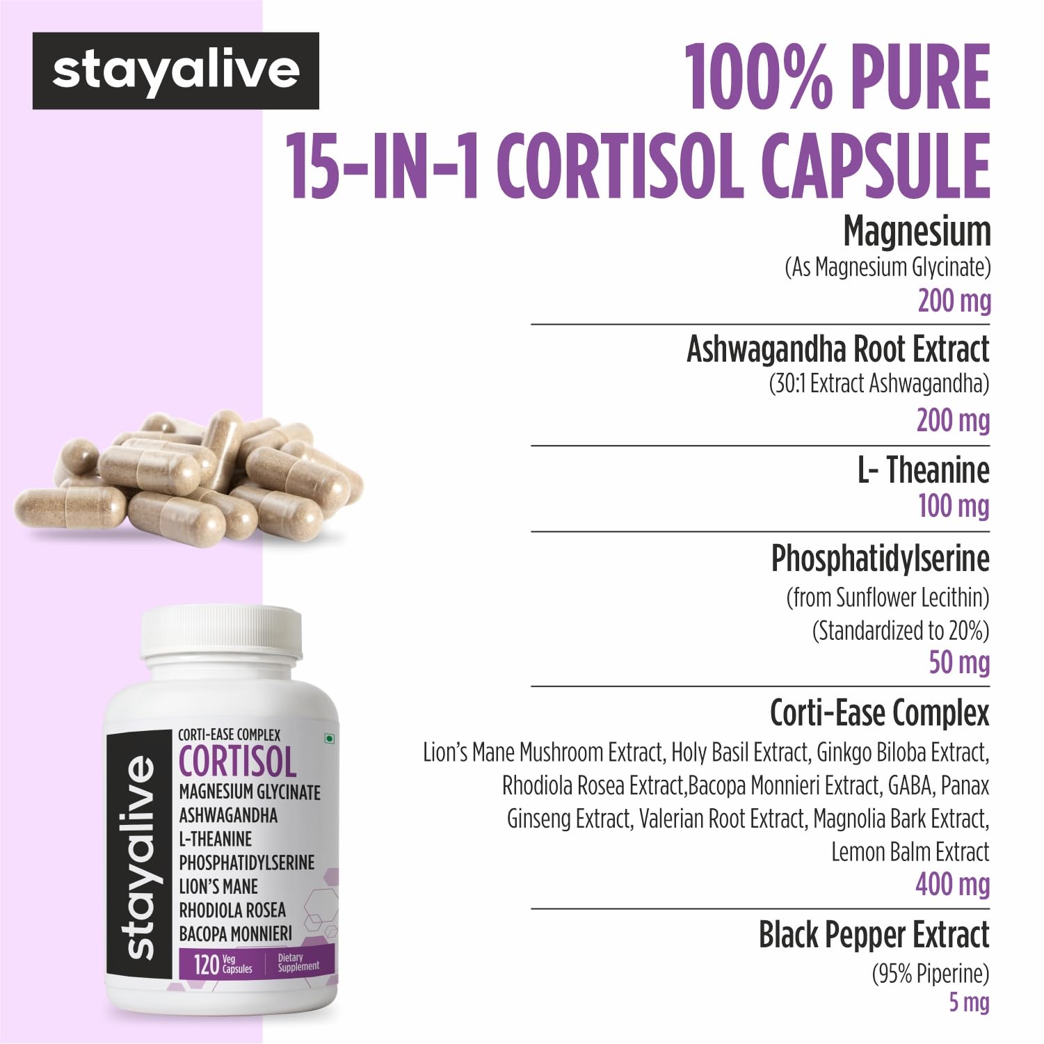 STAY ALIVE Cortisol Manager Supplement 15-in-1 Complex w/L-Theanine, Ashwagandha, Magnesium Glycinate, Phosphatidylserine and More, 120 Veg Capsules, Non-GMO & Gluten-Free Formula for Women and Men STAY ALIVE Au supplements