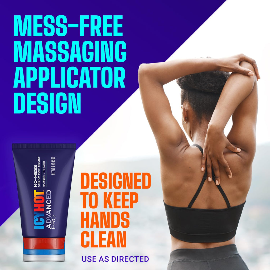 Icy Hot Advanced PRO Pain Relief No-Mess Cream with Massaging Applicator, Max Strength Pain Relief with Menthol 16% and Camphor 11% for Backaches, Joints, Muscle Strains and Arthritis, 3 oz Icy Hot Au supplements