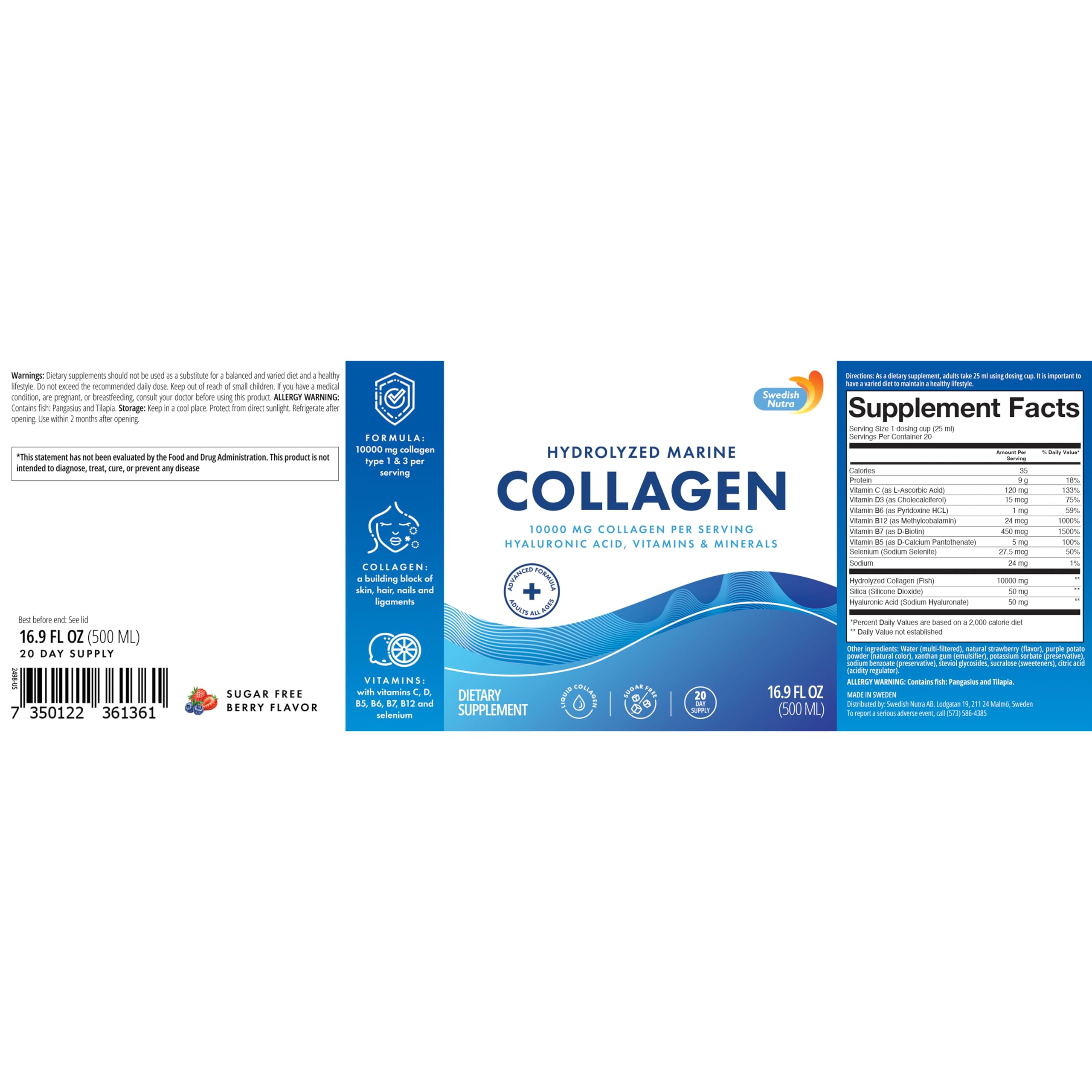 Swedish Nutra 10,000 mg Hydrolyzed Marine Collagen Liquid Supplement - 500 ml, 20 Day Supply | Hyaluronic Acid, Biotin & Vitamin C for Healthy Hair, Skin, Nails & Joints | For Men & Women | Sugar-Free Swedish Nutra Au supplements