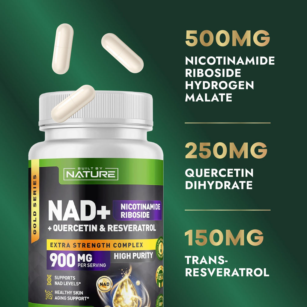 Built by Nature NAD Supplement – NAD+ Nicotinamide Riboside with Resveratrol & Quercetin 900mg Formula – NMN Alternative Supplement for Energy, Cellular Health & Anti-Aging – 90 Capsules Built by Nature Au supplements