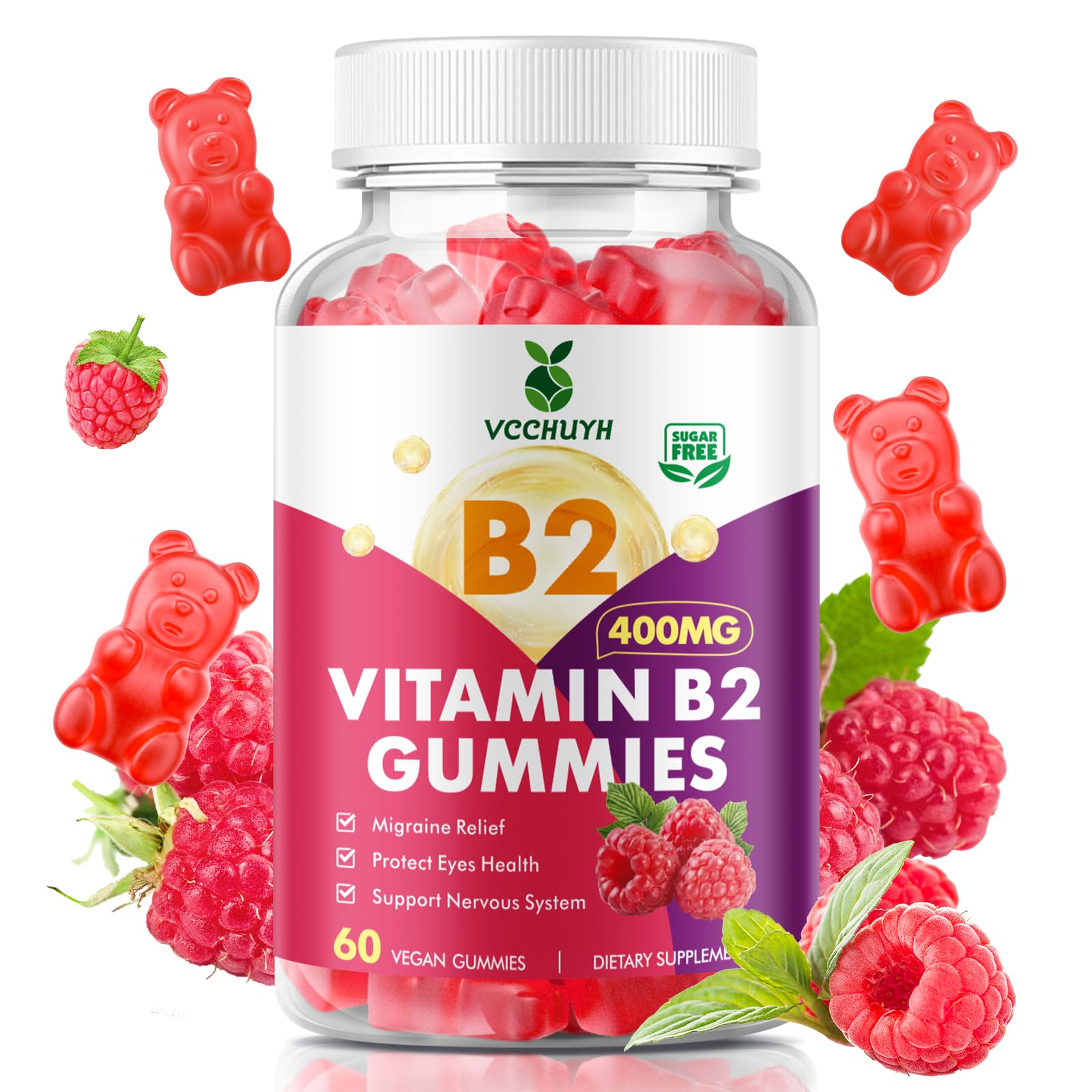 VCCHUYH Vitamin B2 Gummies for Kids & Adults, VIT B2 Riboflavin 400mg Supplement with Magnesium for Migraine Relief & Nervous System Support, Non-GMO,