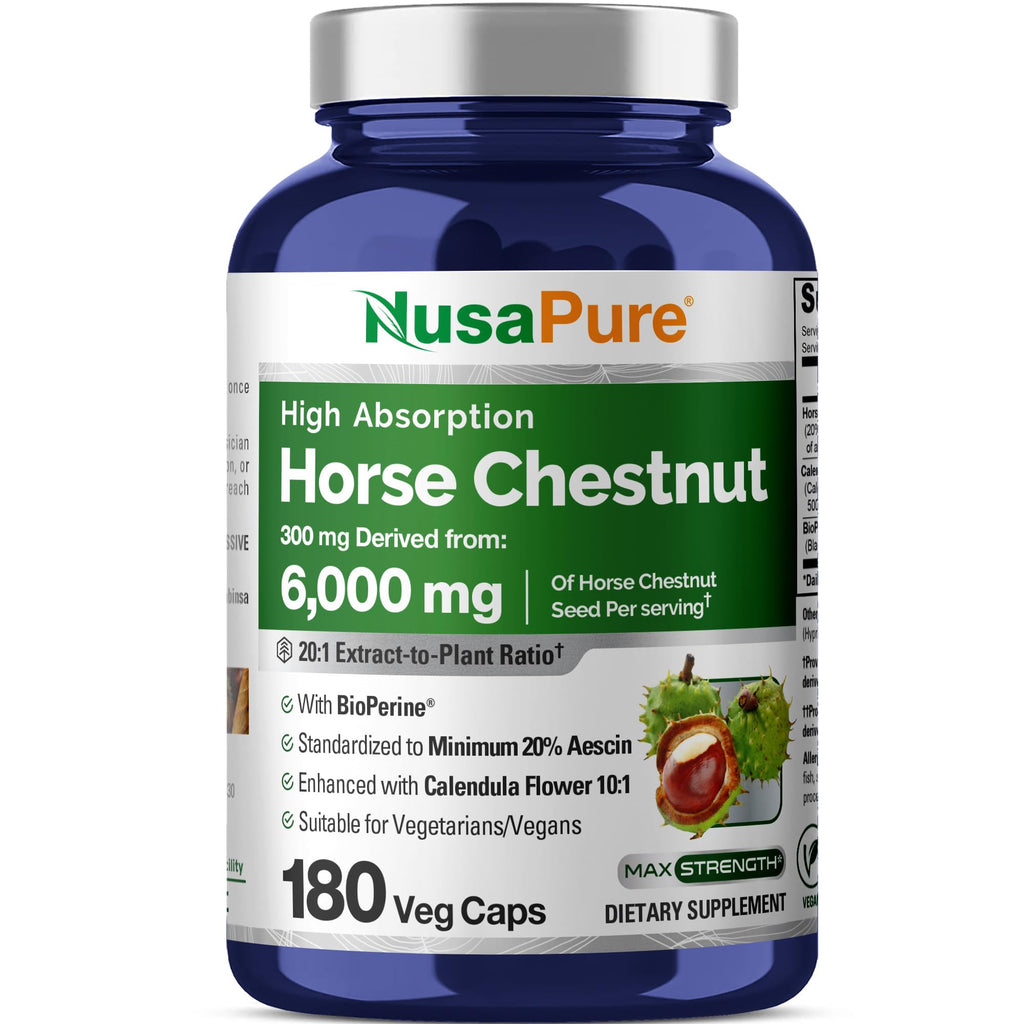 NusaPure Horse Chestnut 20:1 Extract, 300 mg Equivalent to 6,000mg 180 Veggie Caps Non-GMO, Vegan, BioPerine, Calendula Flower NusaPure Au supplements