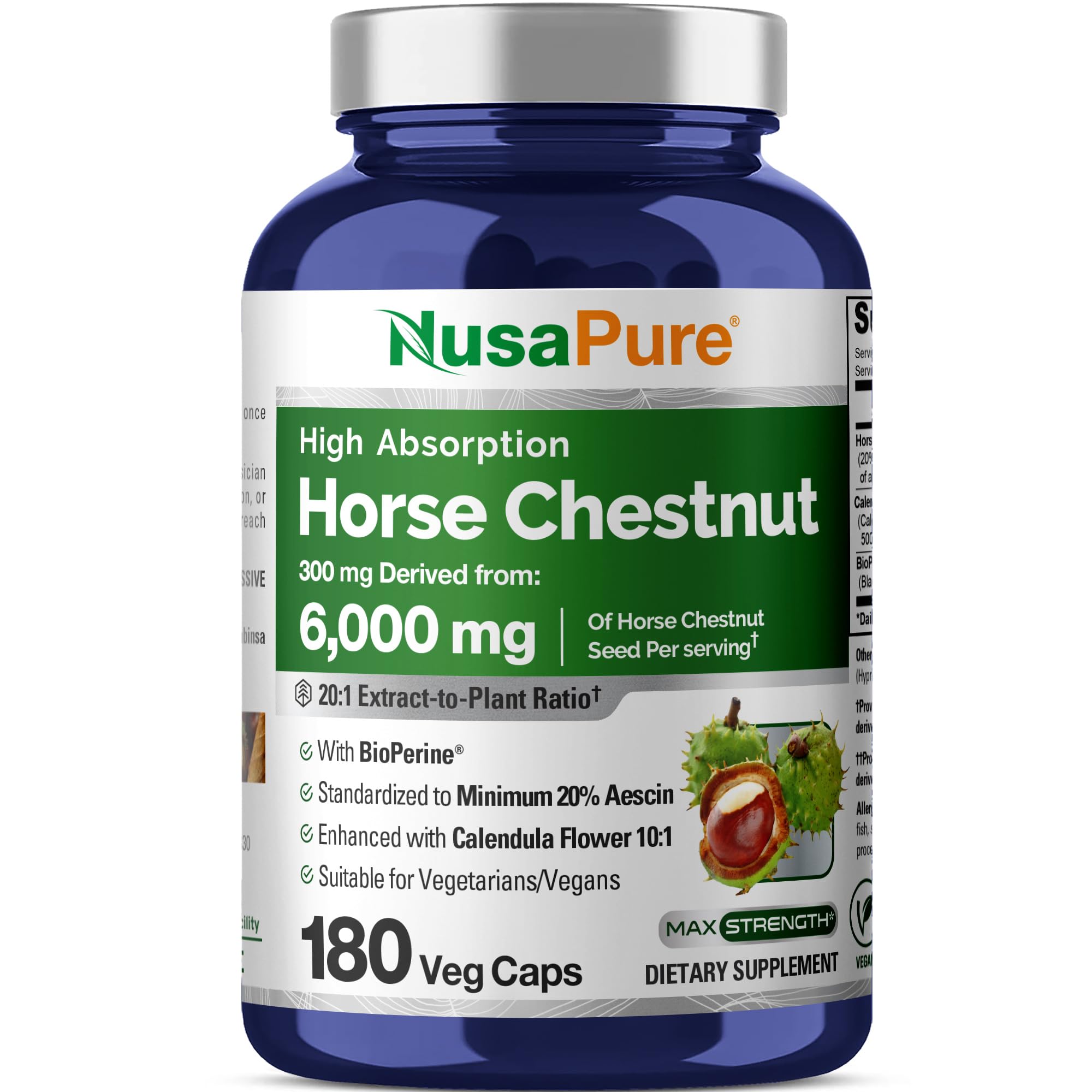 NusaPure Horse Chestnut 20:1 Extract, 300 mg Equivalent to 6,000mg 180 Veggie Caps Non-GMO, Vegan, BioPerine, Calendula Flower NusaPure Au supplements