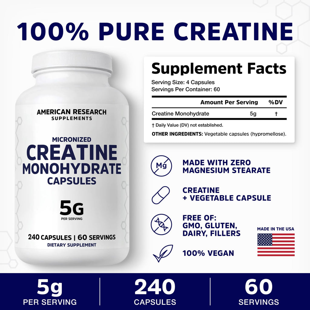 Creatine Monohydrate Capsules 5G | 60 Servings | Vegan | 4 Caps per Serving | Micronized Creatine Pills 5000mg | 240 Capsules | Creatine Pills For Men & Women