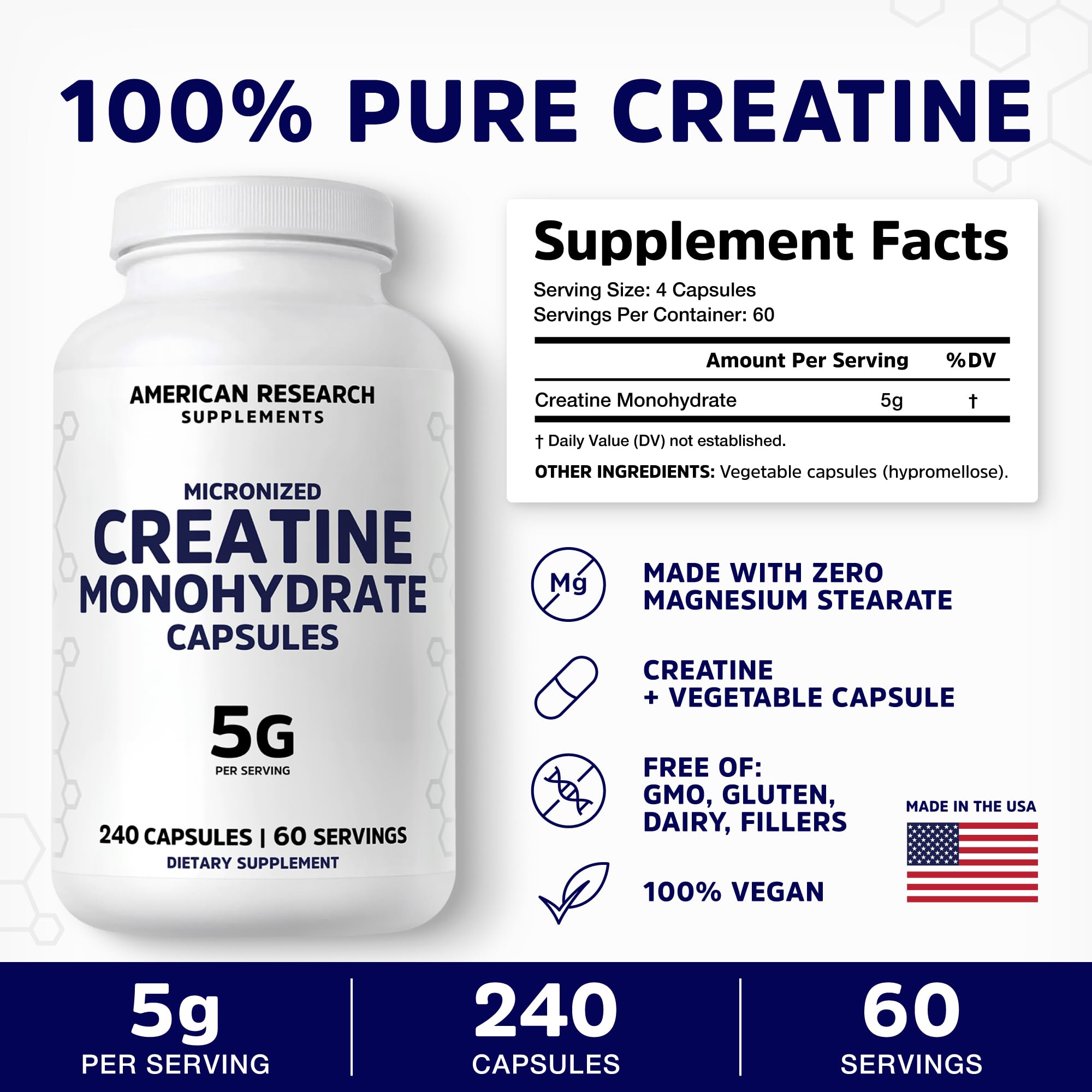 Creatine Monohydrate Capsules 5G | 60 Servings | Vegan | 4 Caps per Serving | Micronized Creatine Pills 5000mg | 240 Capsules | Creatine Pills For Men & Women